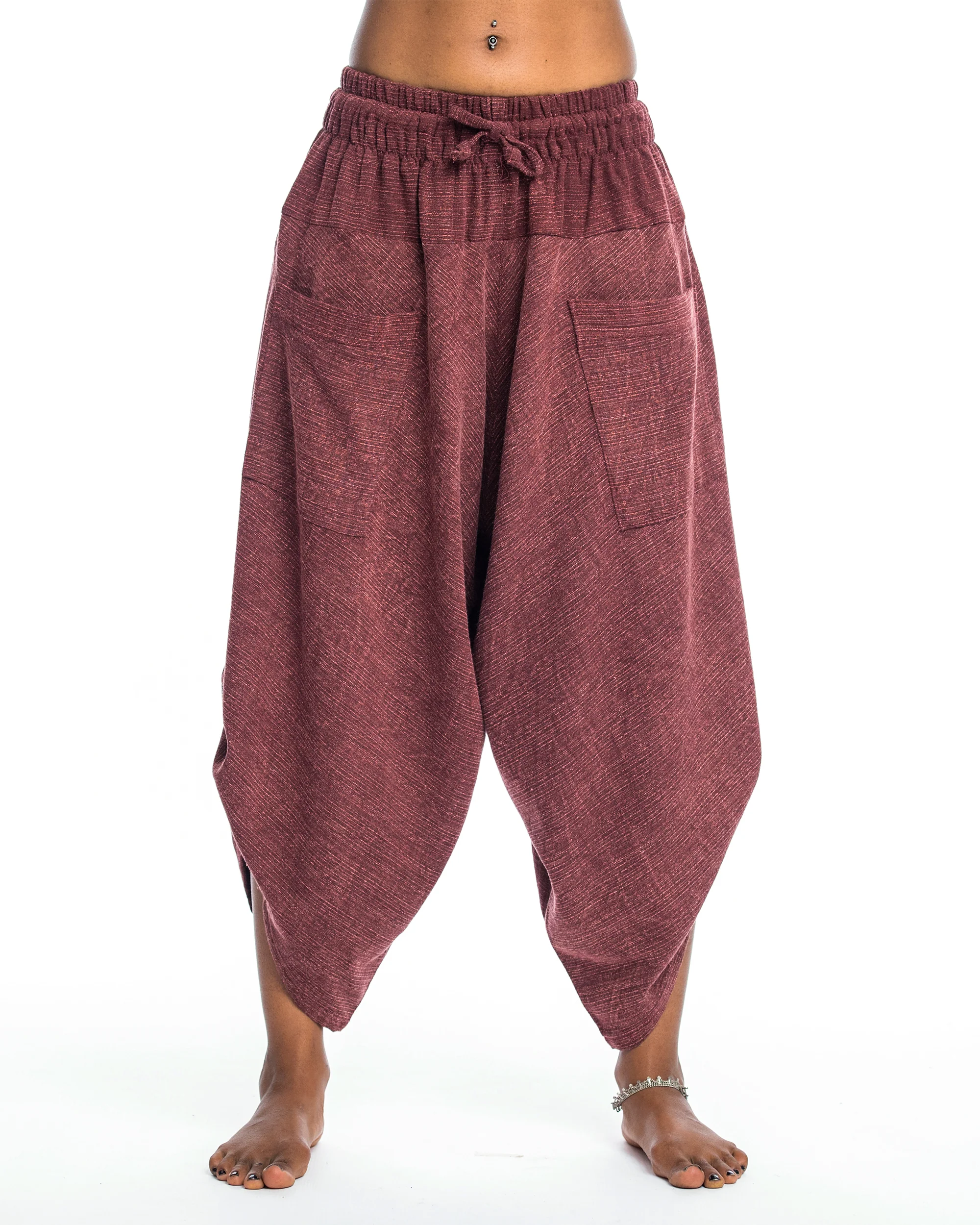 Stone Washed Large Pockets Women's Harem Pants in Maroon - Image 2