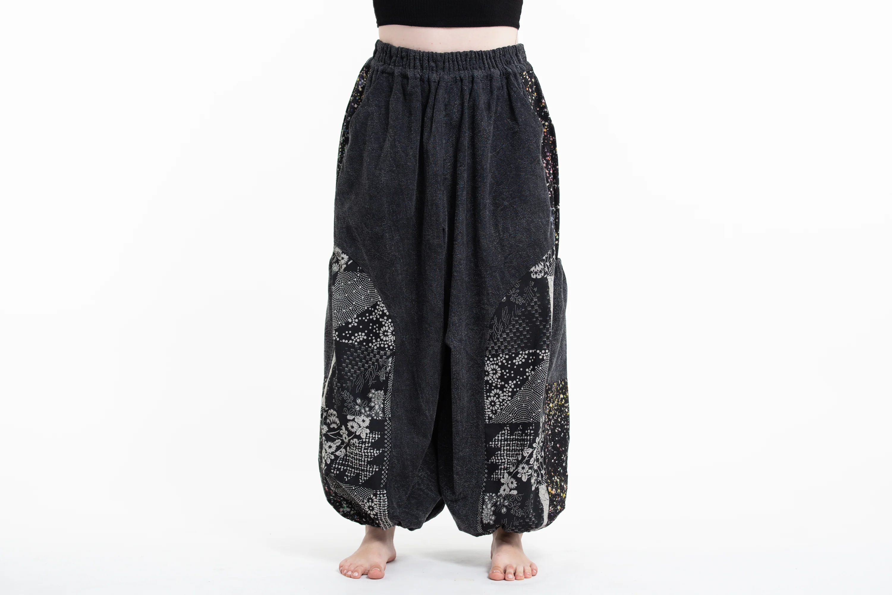 Stone Washed Patchwork Women Unisex Pants in Black - Image 2