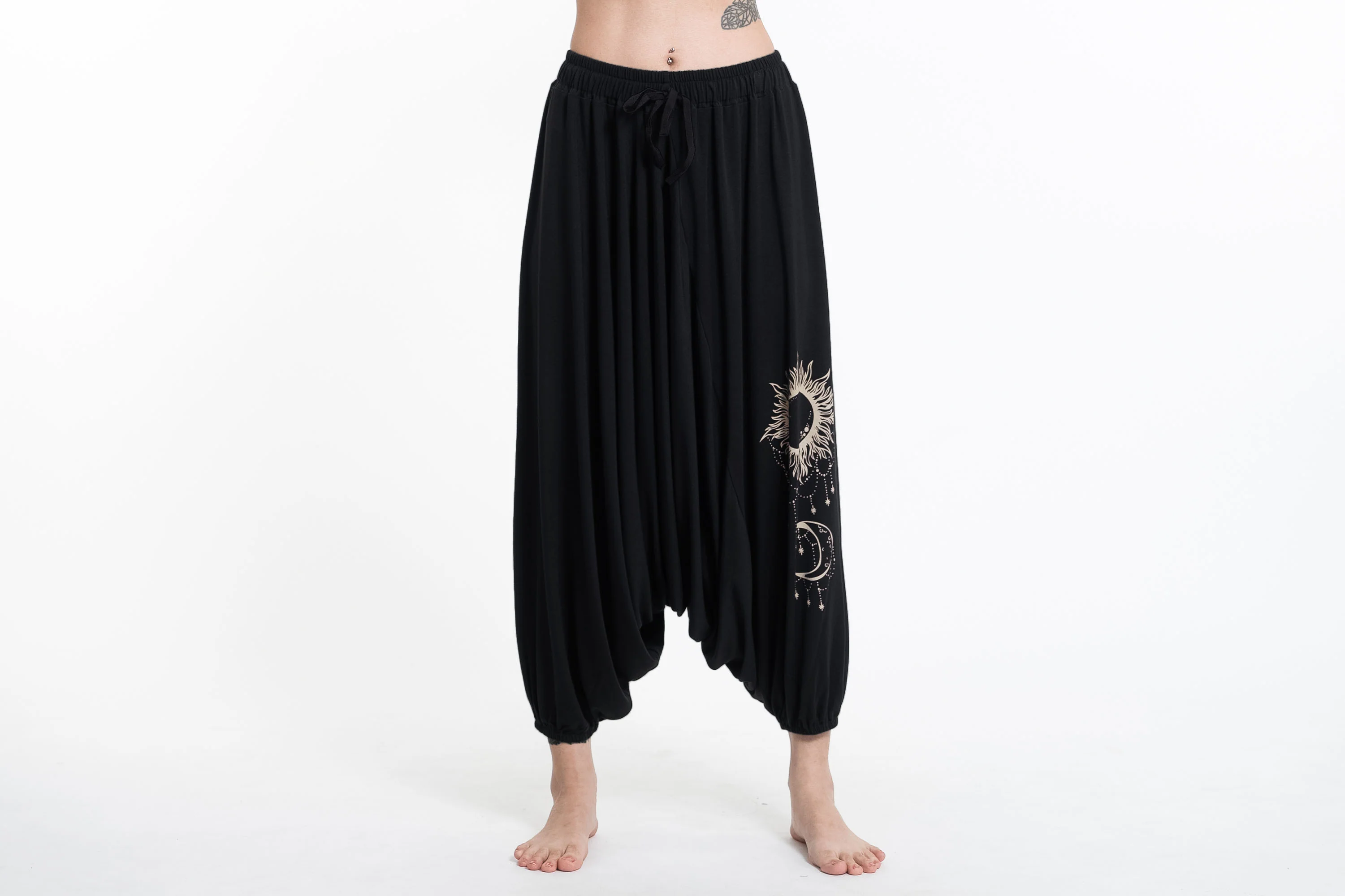 Sun Moon Print Drawstring Low Cut Harem Pants Cotton Spandex in Black - Image 2