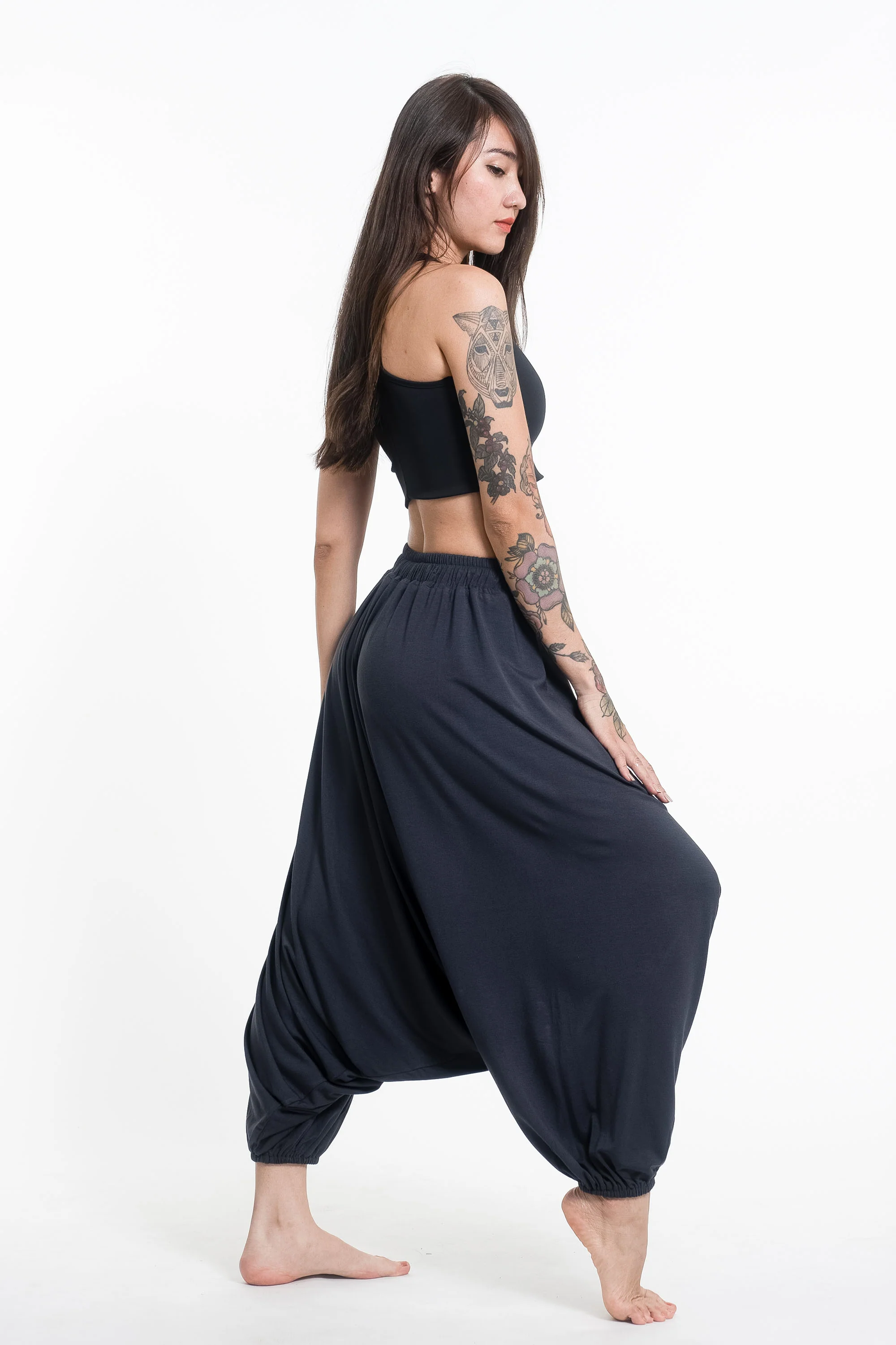 Sun Moon Print Drawstring Low Cut Harem Pants Cotton Spandex in Gray - Image 3