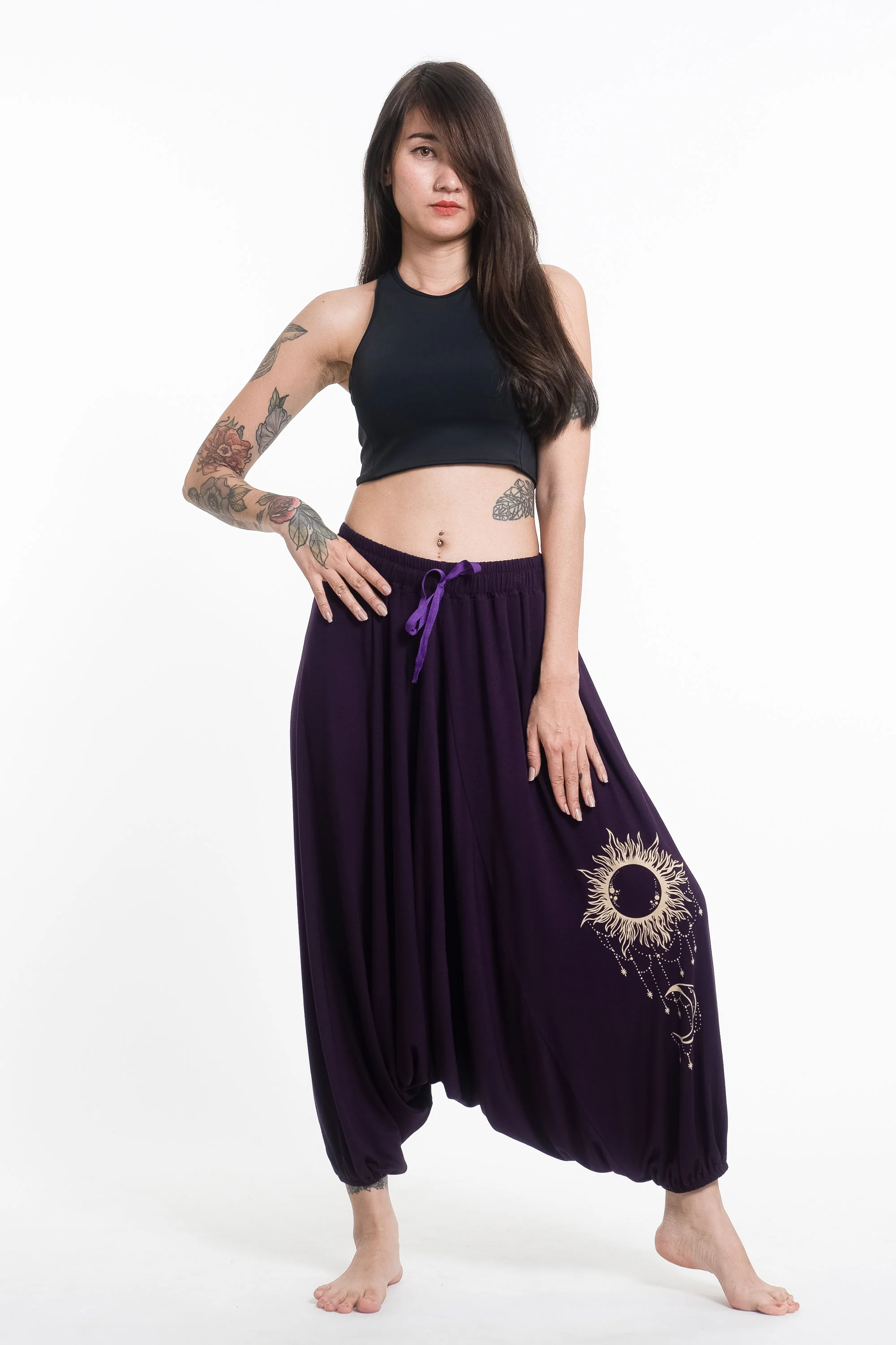 Sun Moon Print Drawstring Low Cut Harem Pants Cotton Spandex in Purple