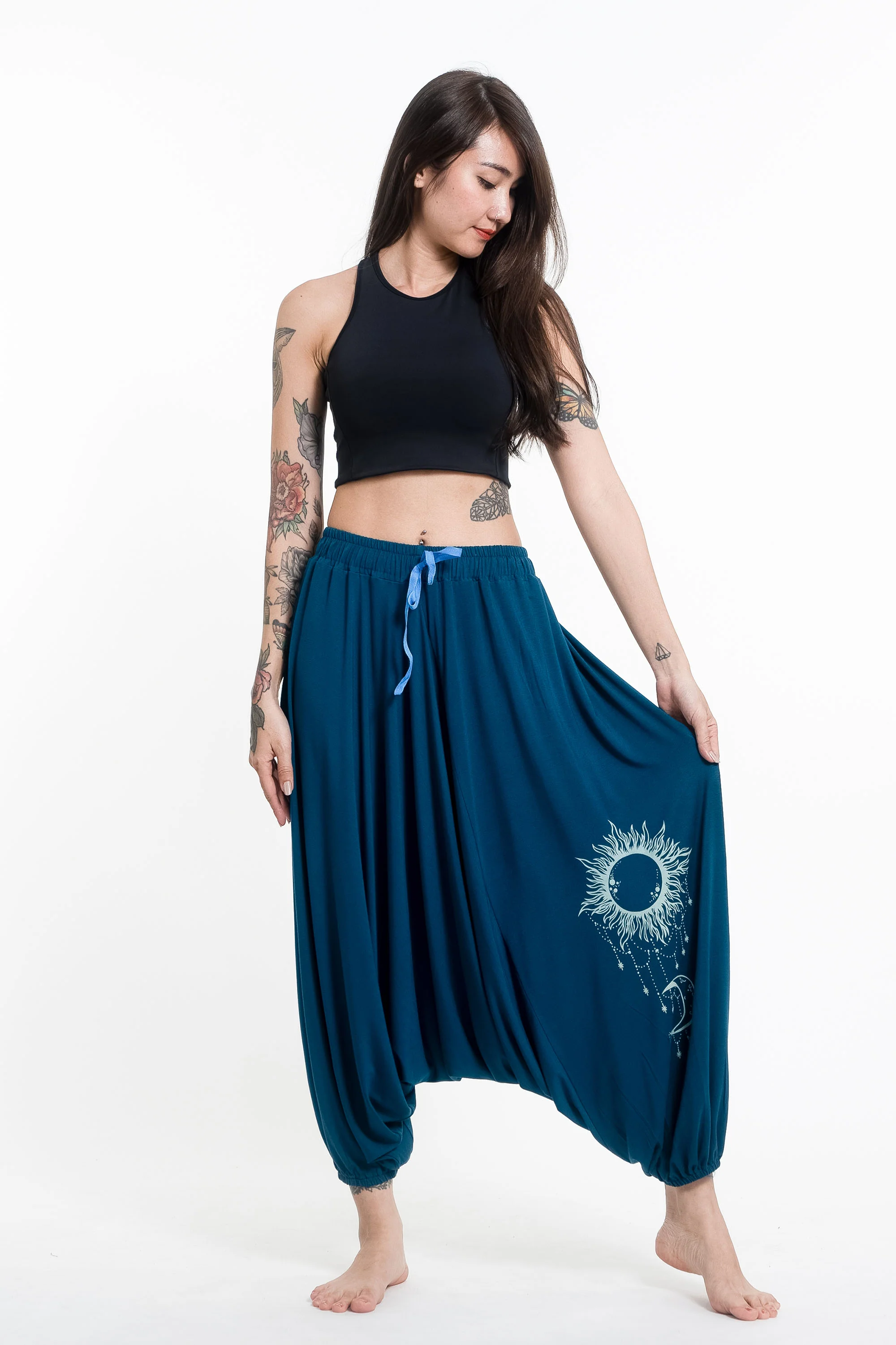 Sun Moon Print Drawstring Low Cut Harem Pants Cotton Spandex in Turquoise
