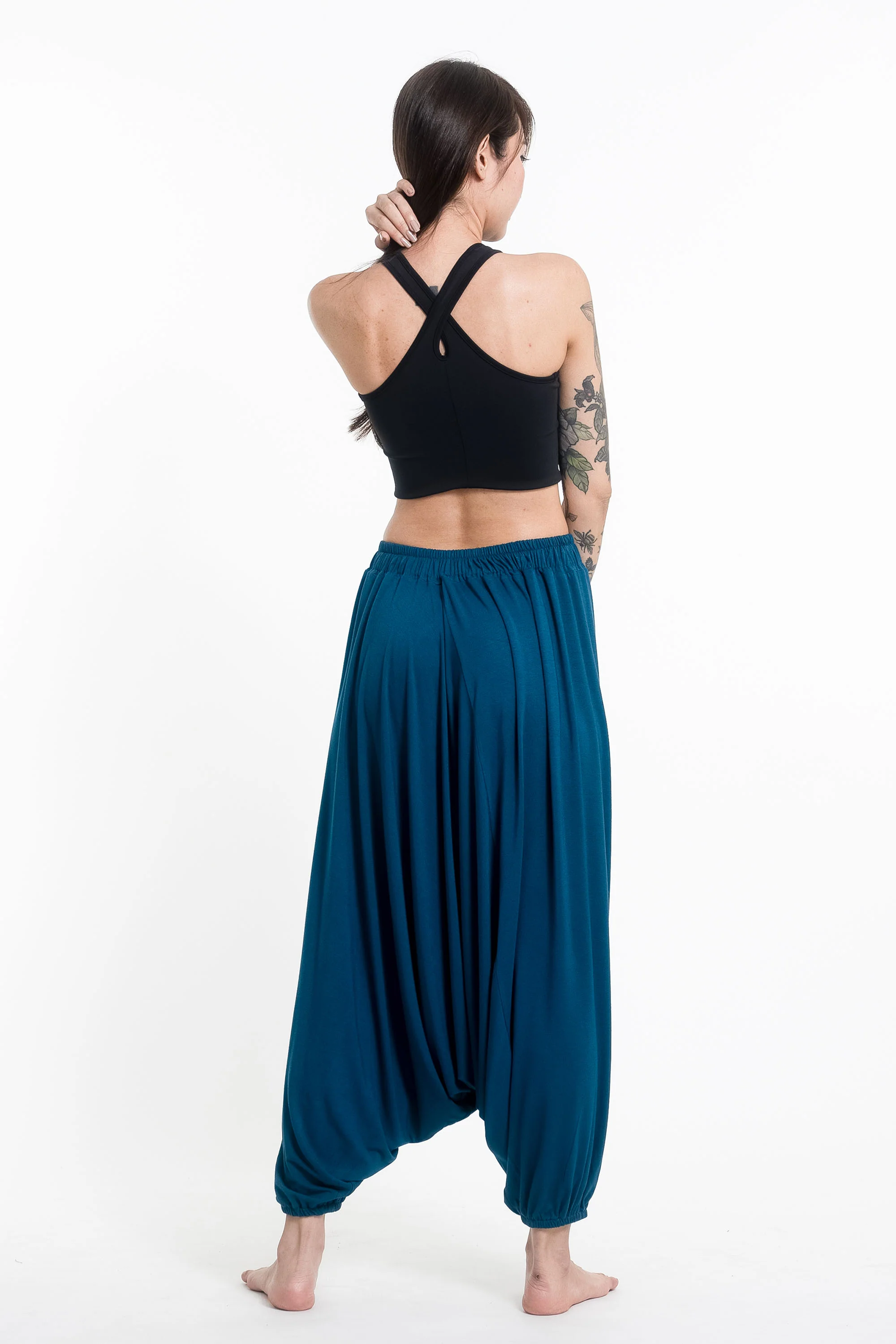Sun Moon Print Drawstring Low Cut Harem Pants Cotton Spandex in Turquoise - Image 4