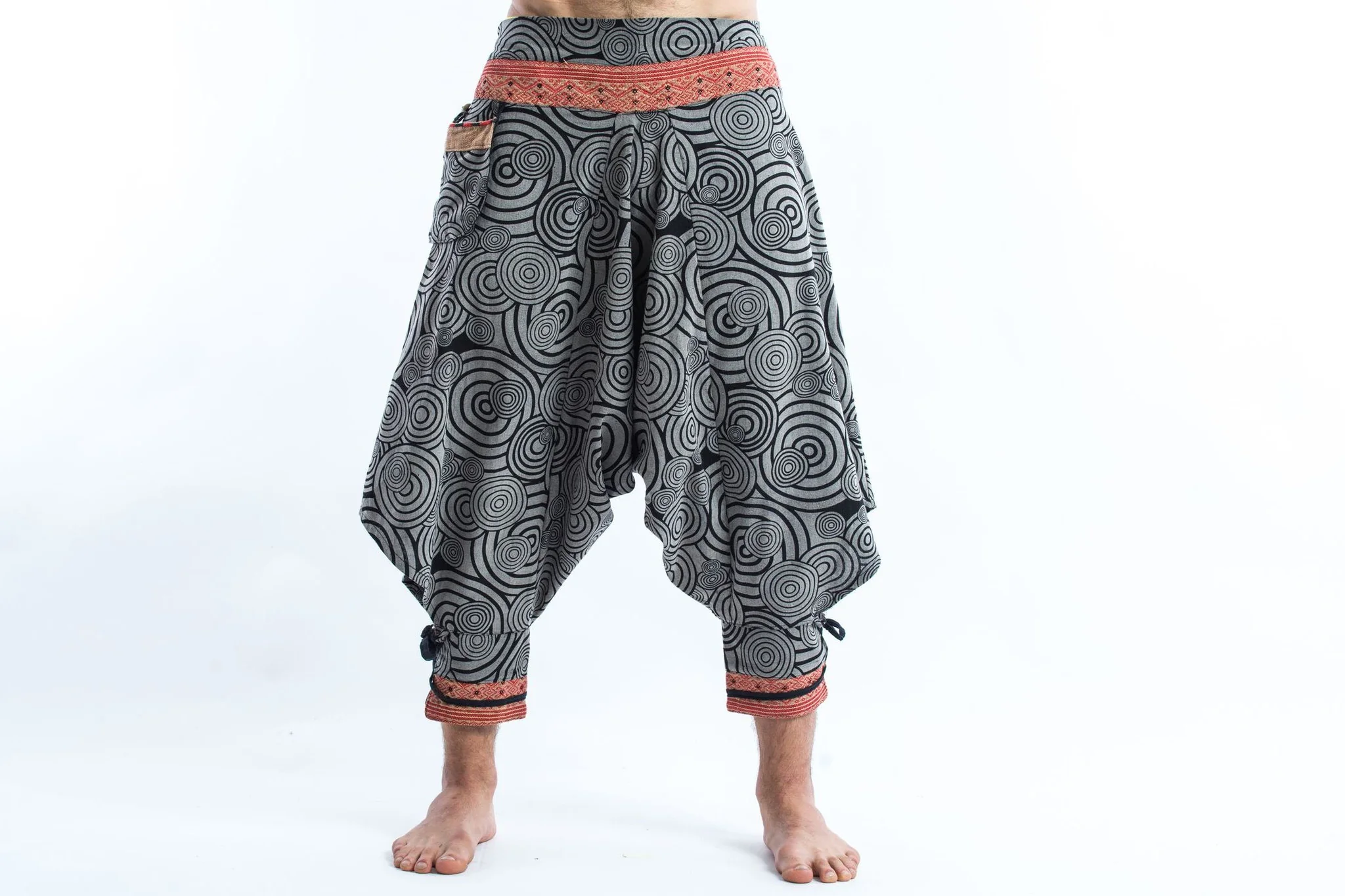 Swirls Prints Thai Hill Tribe Fabric Men's Harem Pants with Ankle Straps in Gray - Image 2