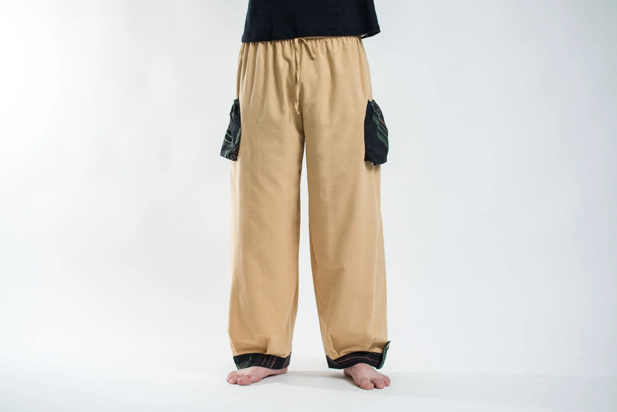 Thai Cotton Men Drawstring Pants With Hill Tribe Trim Cream - Image 2