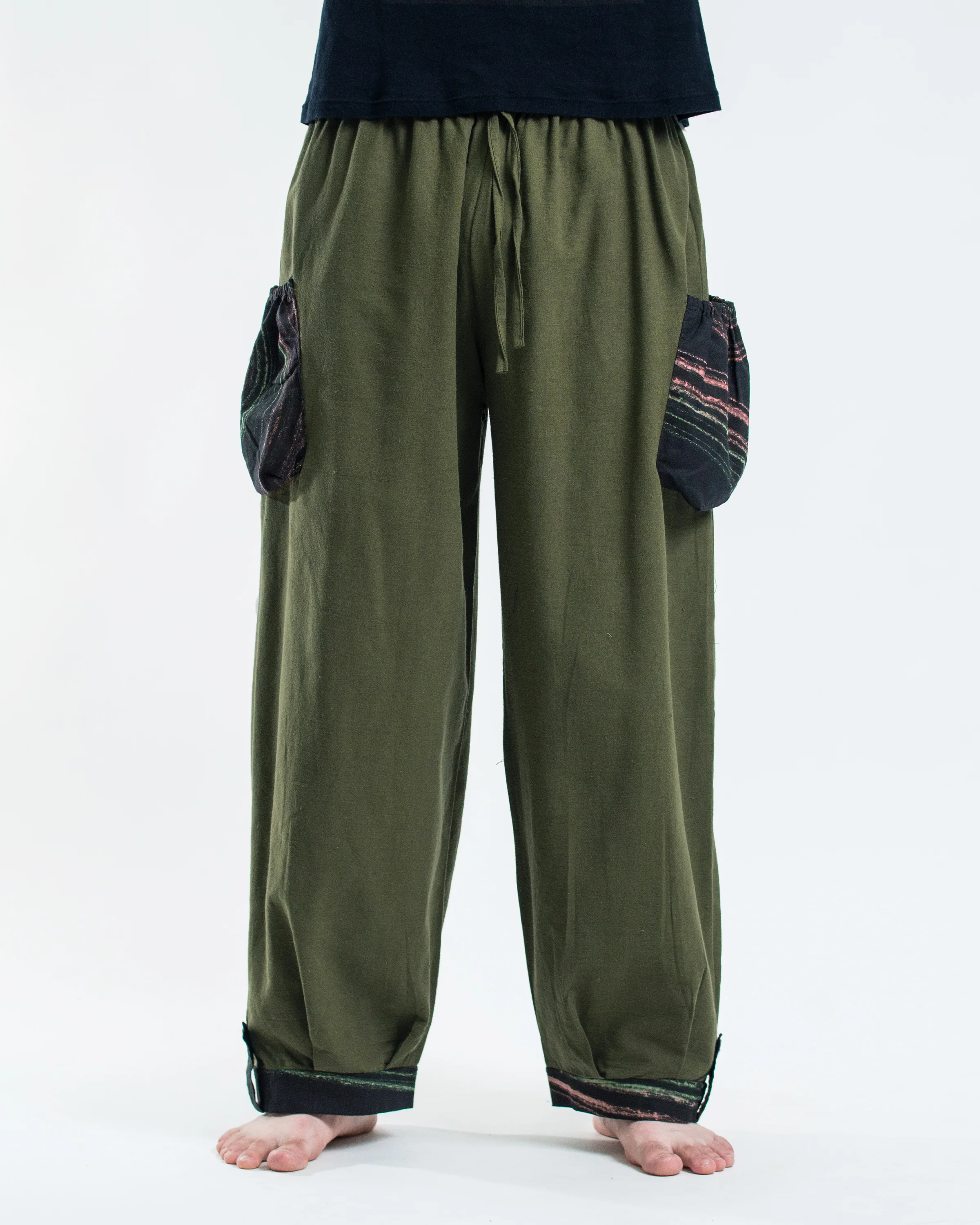 Thai Cotton Men Drawstring Pants With Hill Tribe Trim Olive - Image 2