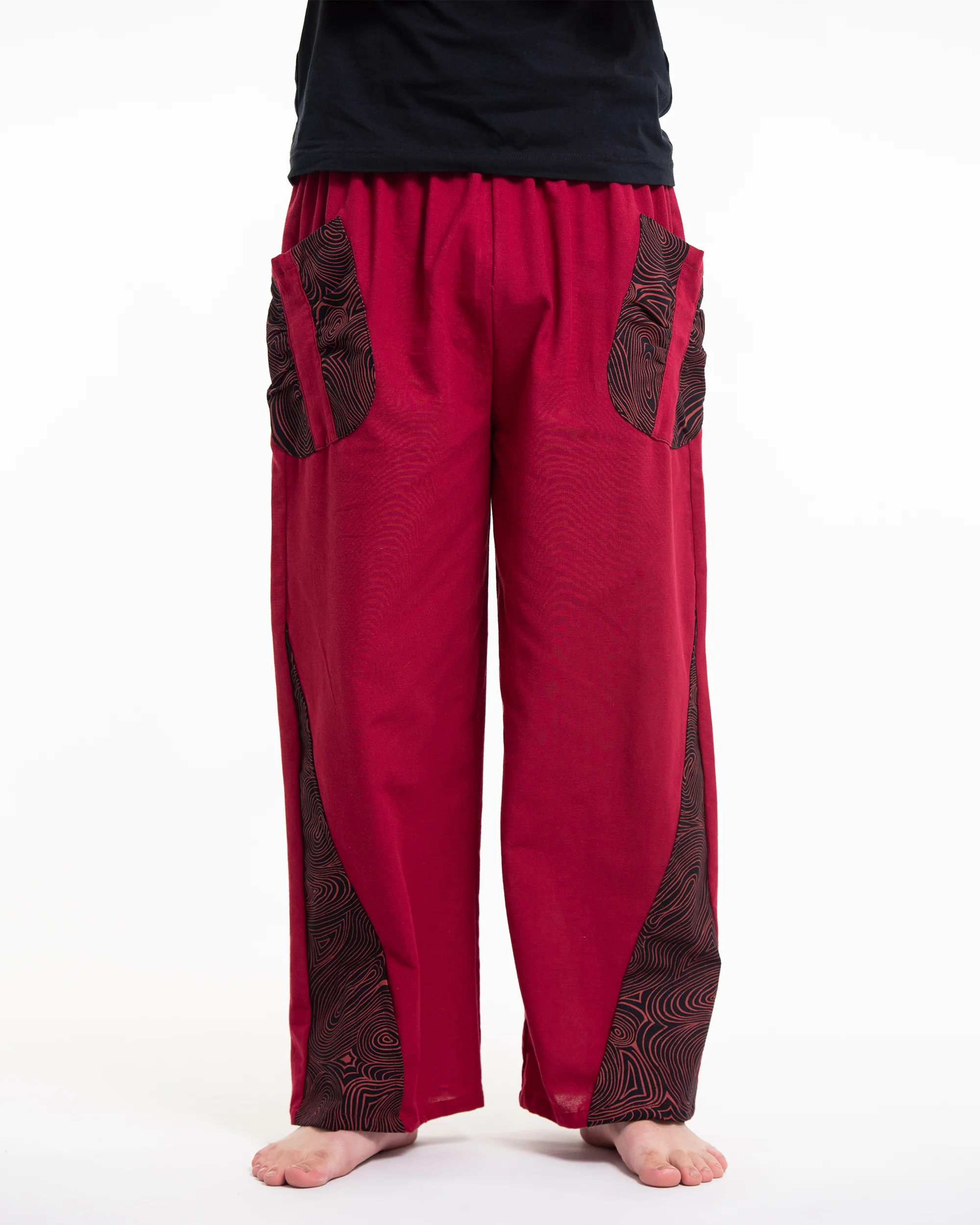 Thai Cotton Men's Pants With Hill Tribe Trim in Red - Image 2