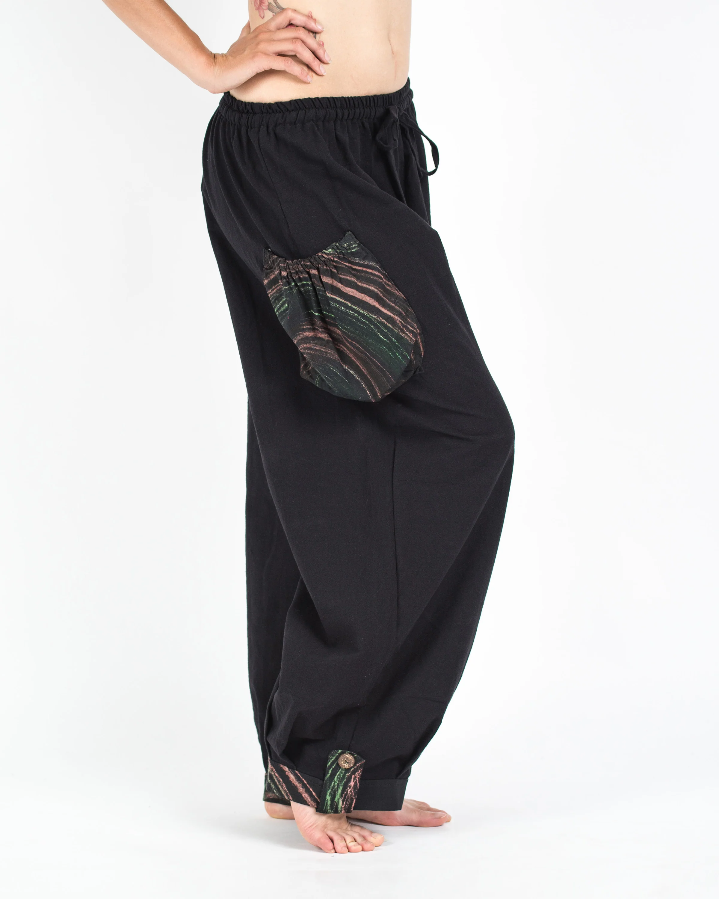 Thai Cotton Women Drawstring Pants With Hill Tribe Trim Black - Image 3