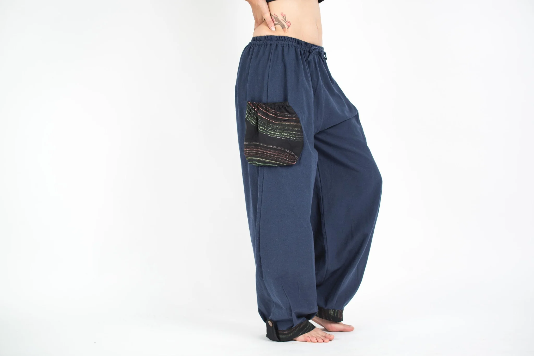 Thai Cotton Women Drawstring Pants With Hill Tribe Trim Blue - Image 2