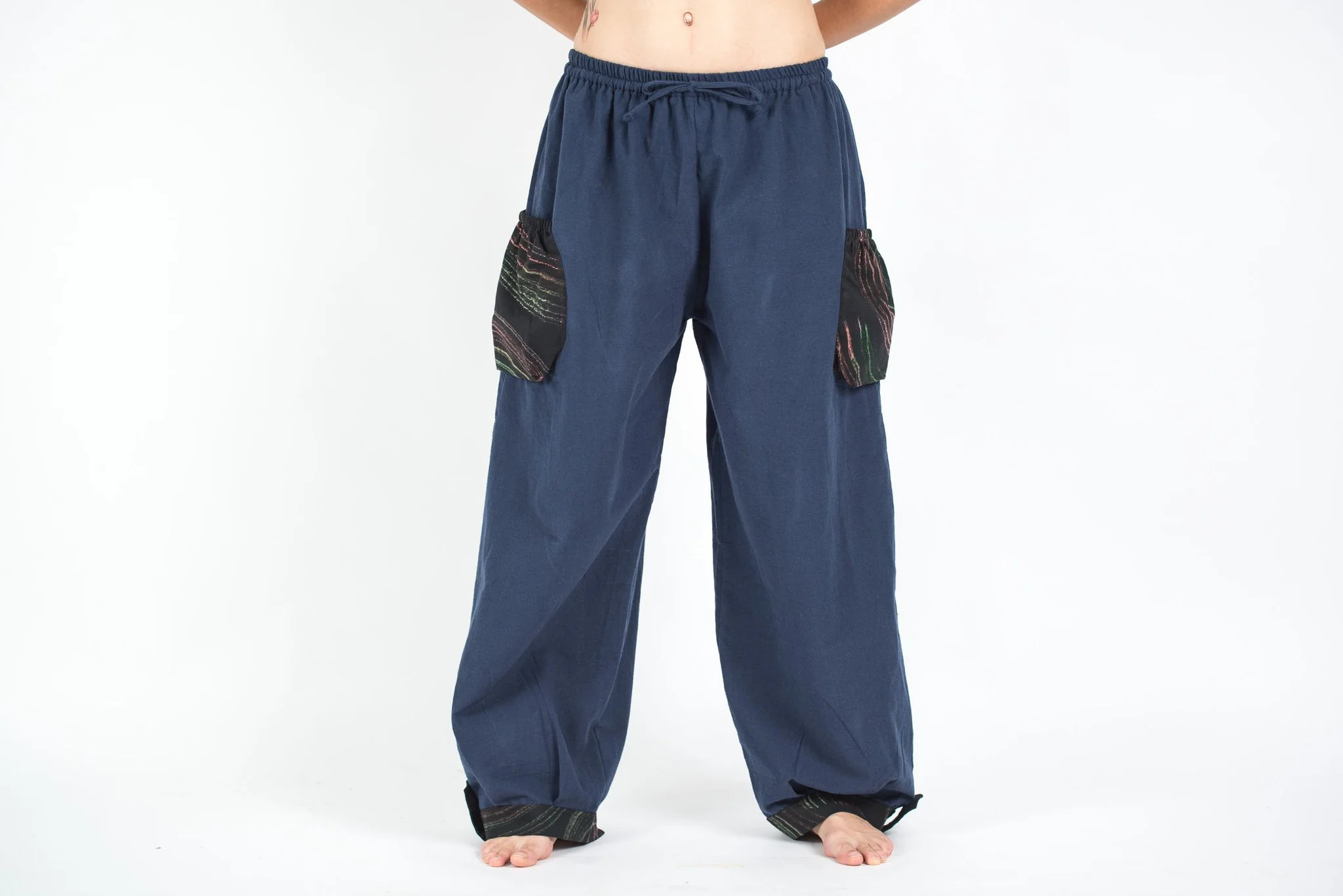 Thai Cotton Women Drawstring Pants With Hill Tribe Trim Blue - Image 3