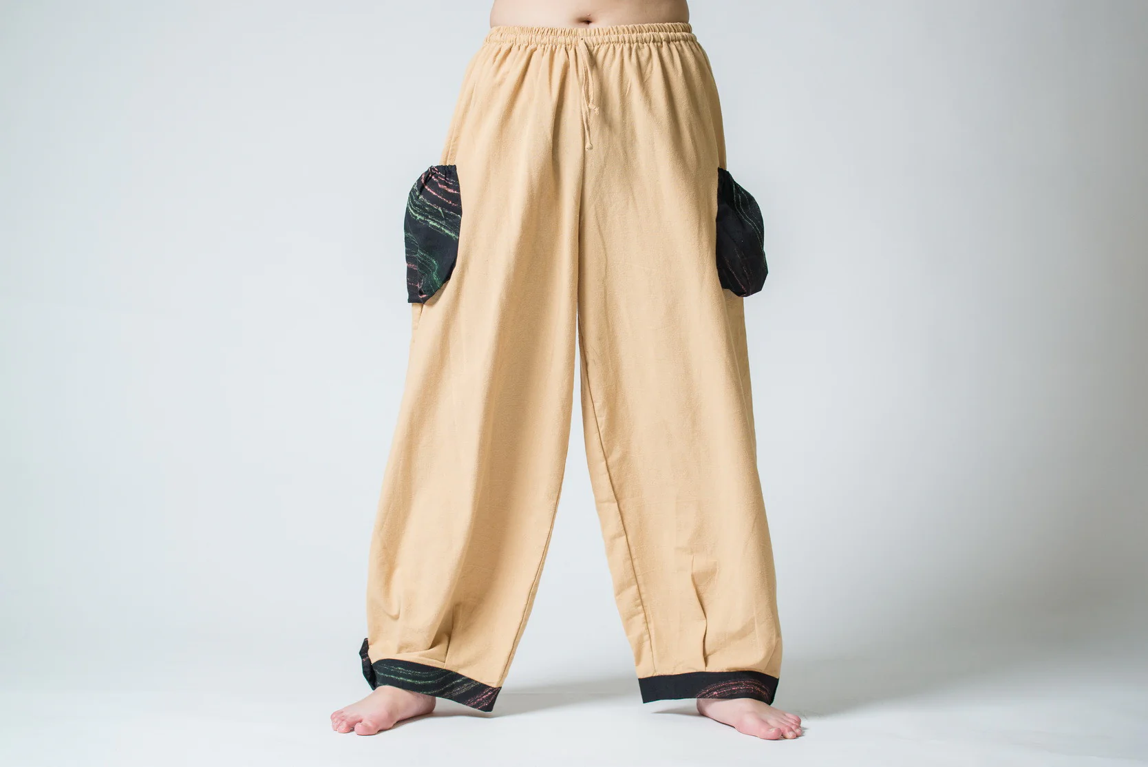 Thai Cotton Women Drawstring Pants With Hill Tribe Trim Cream - Image 2