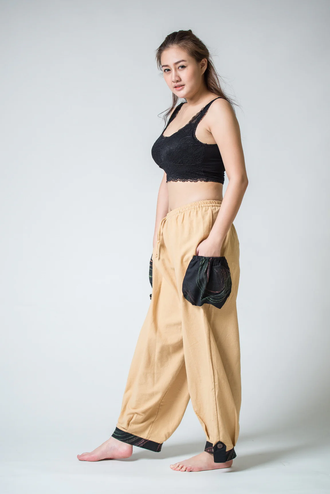 Thai Cotton Women Drawstring Pants With Hill Tribe Trim Cream - Image 3