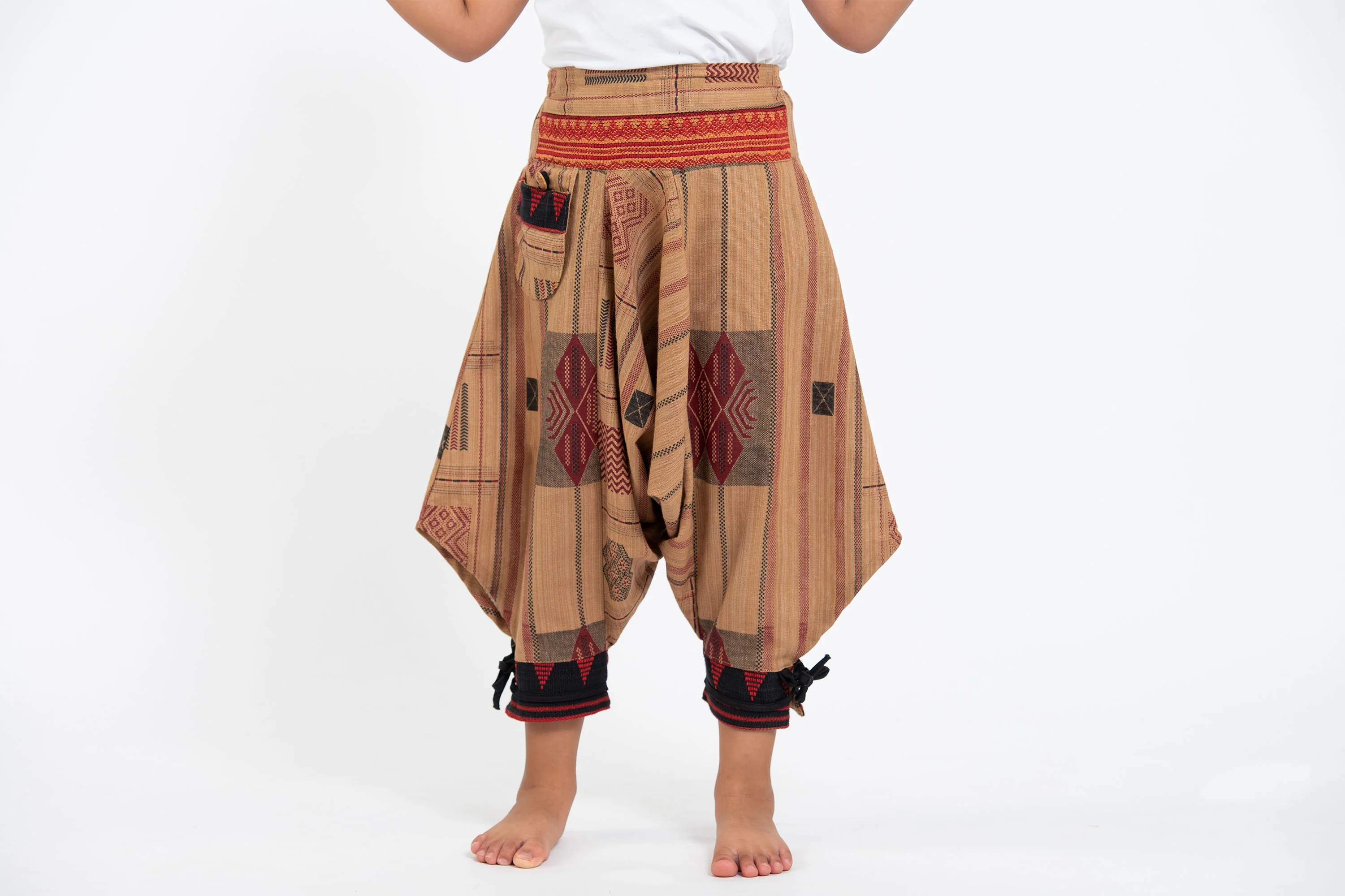 Thai Hill Tribe Fabric Kids Harem Pants with Ankle Straps in Beige - Image 2