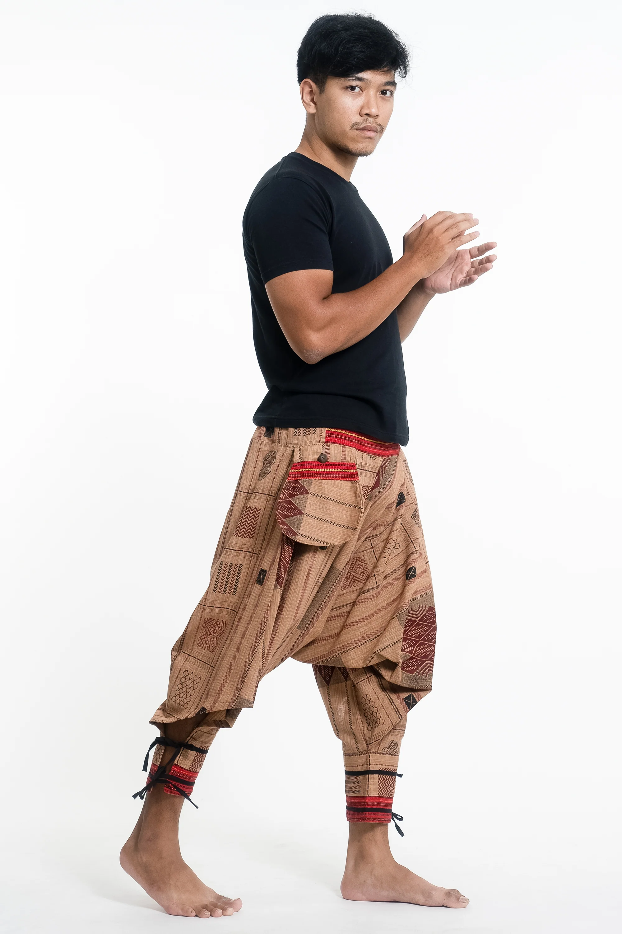 Thai Hill Tribe Fabric Men's Harem Pants with Ankle Straps in Beige - Image 3