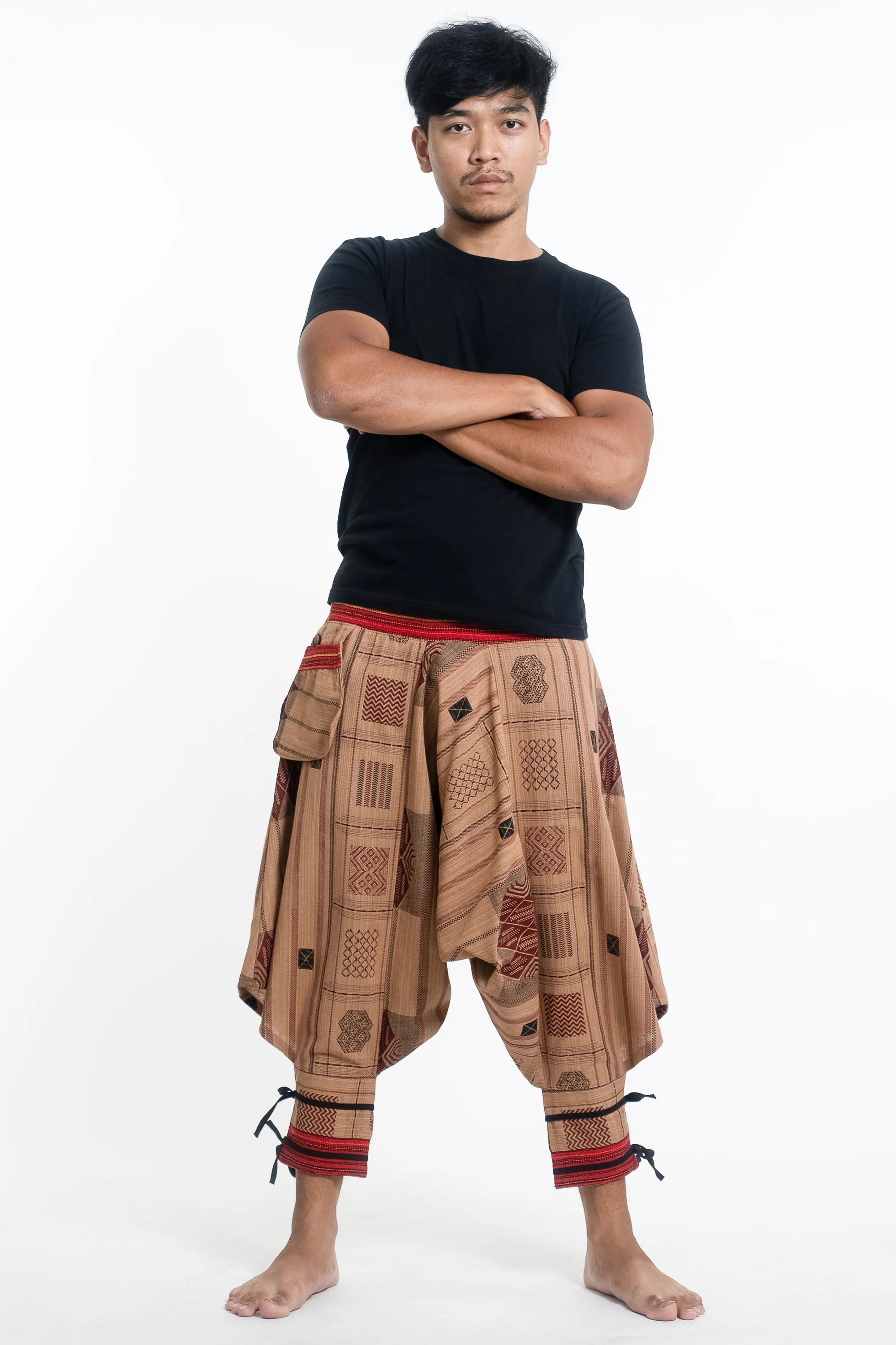 Thai Hill Tribe Fabric Men's Harem Pants with Ankle Straps in Beige - Image 4