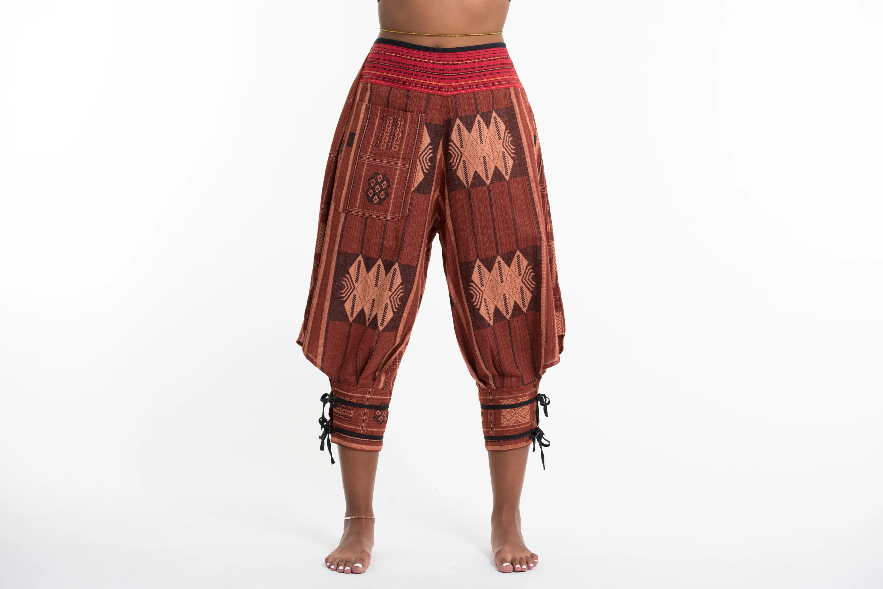 Thai Hill Tribe Fabric Men Harem Pants with Ankle Straps in Brick Orange - Image 5