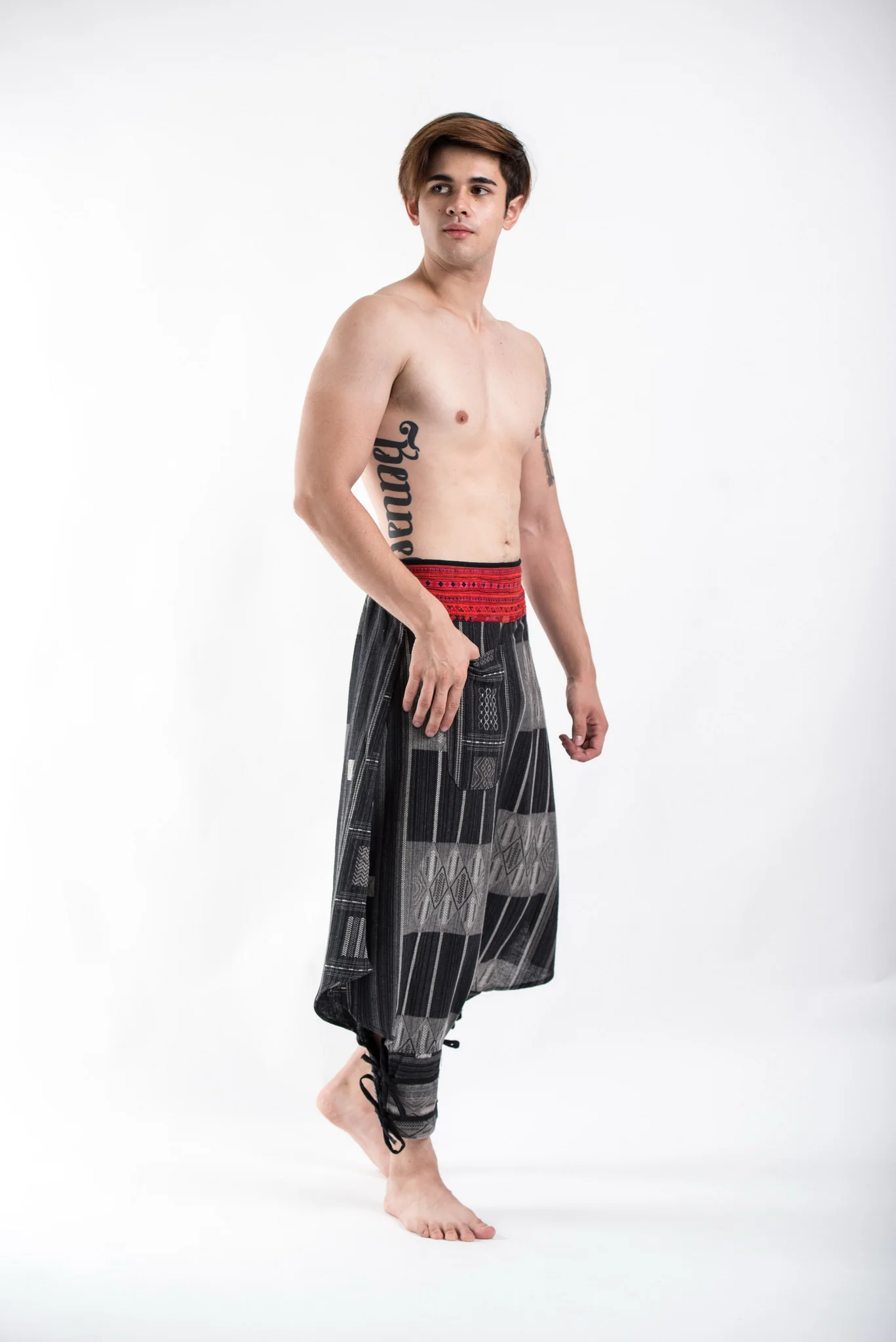 Thai Hill Tribe Fabric Men's Harem Pants with Ankle Straps in Charcoal Gray - Image 3