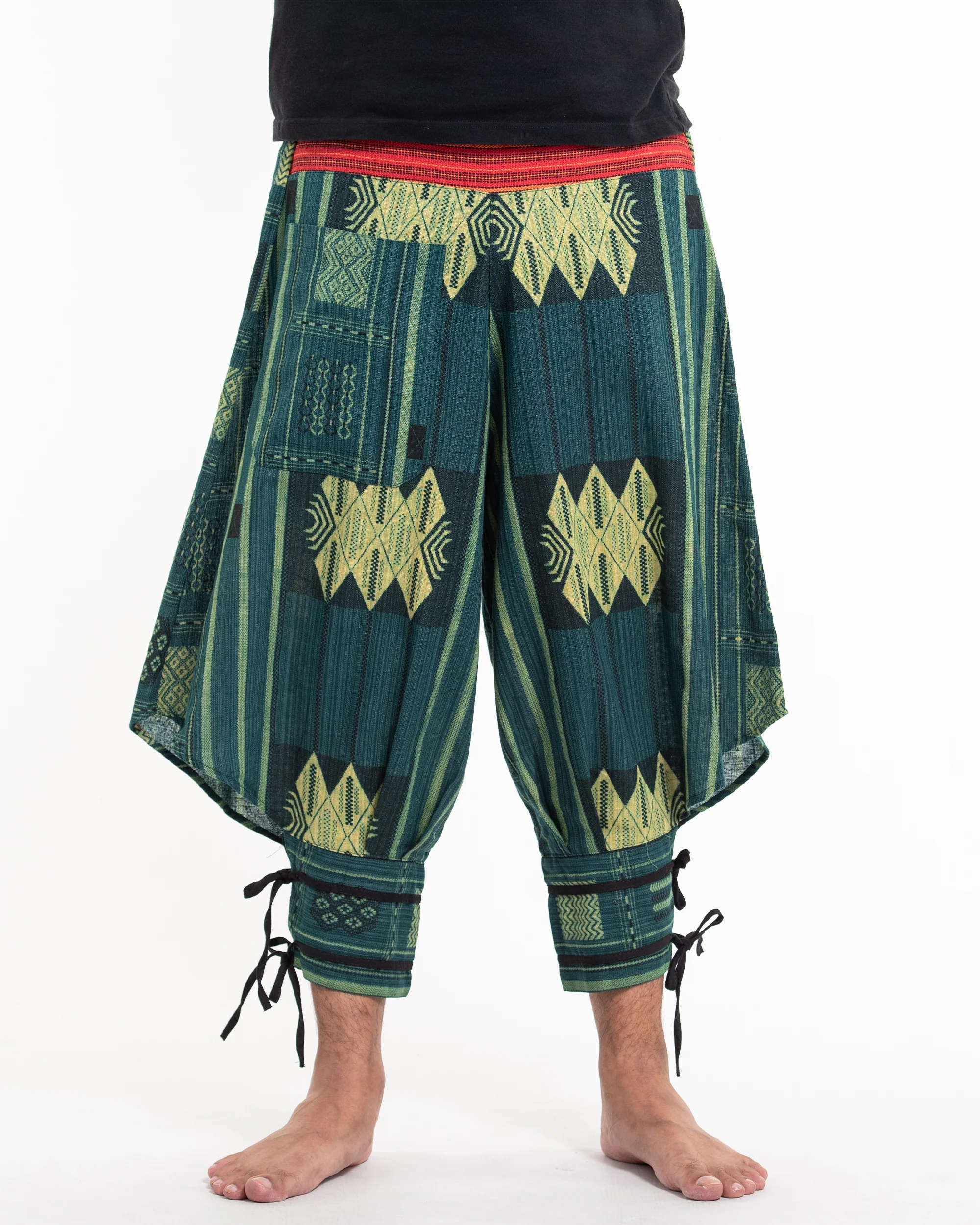 Thai Hill Tribe Fabric Men's Harem Pants with Ankle Straps in Teal - Image 2