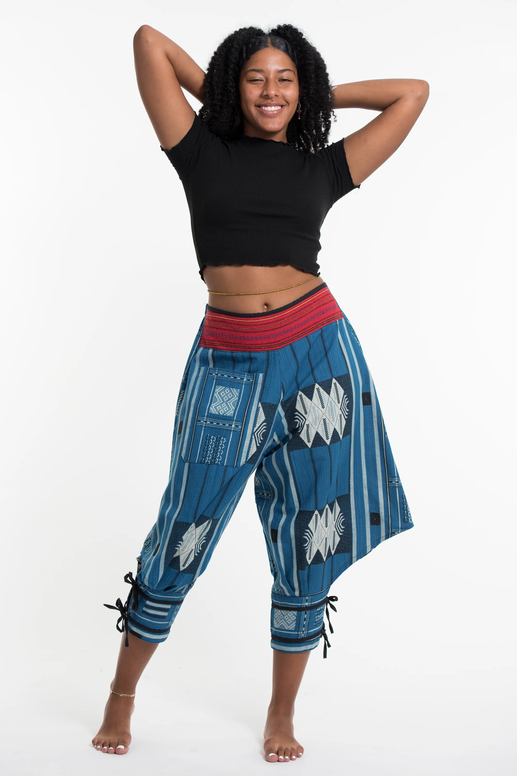 Thai Hill Tribe Fabric Women's Harem Pants with Ankle Straps in Blue - Image 4
