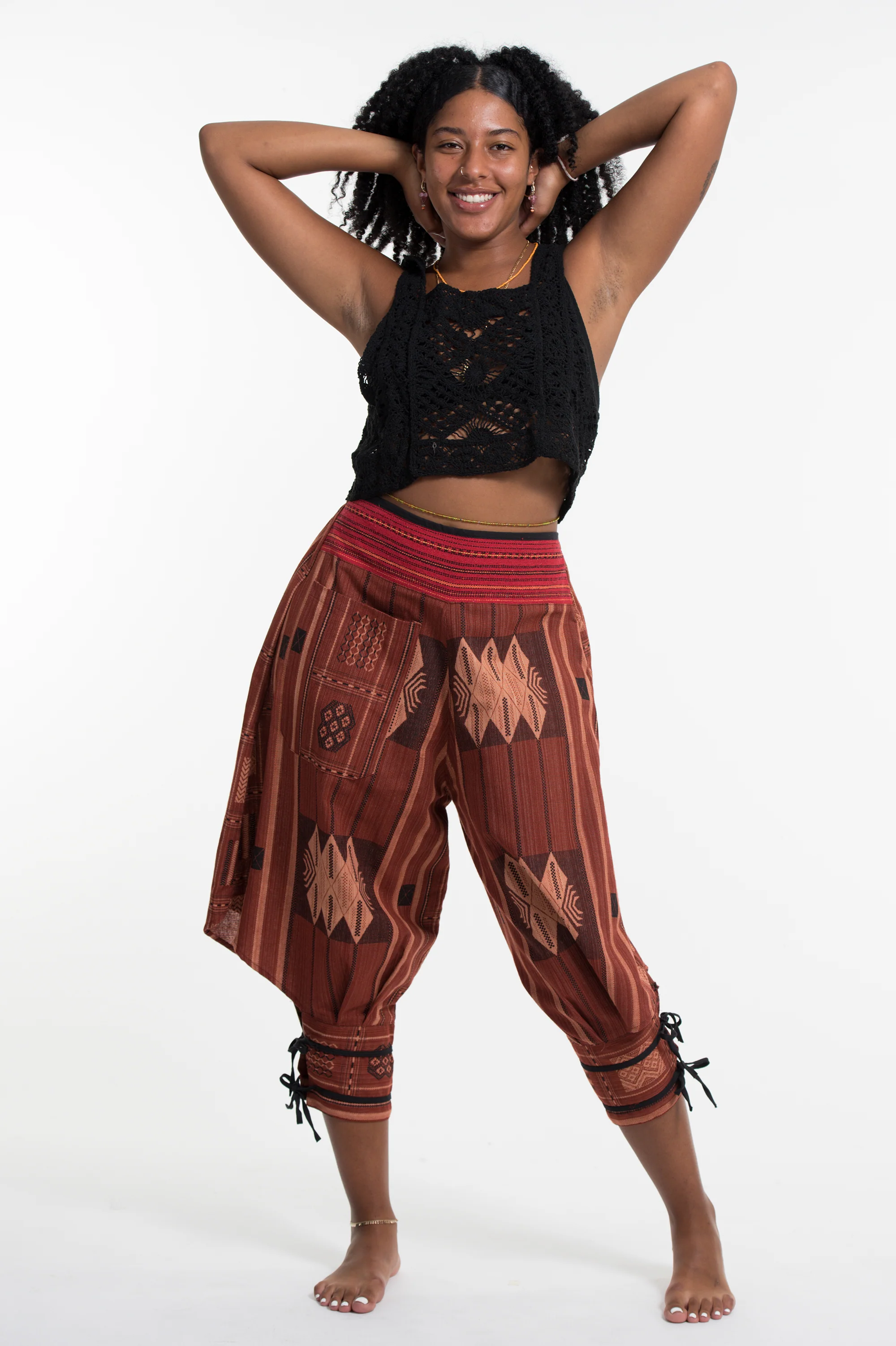 Thai Hill Tribe Fabric Women Harem Pants with Ankle Straps in Brick Orange - Image 2