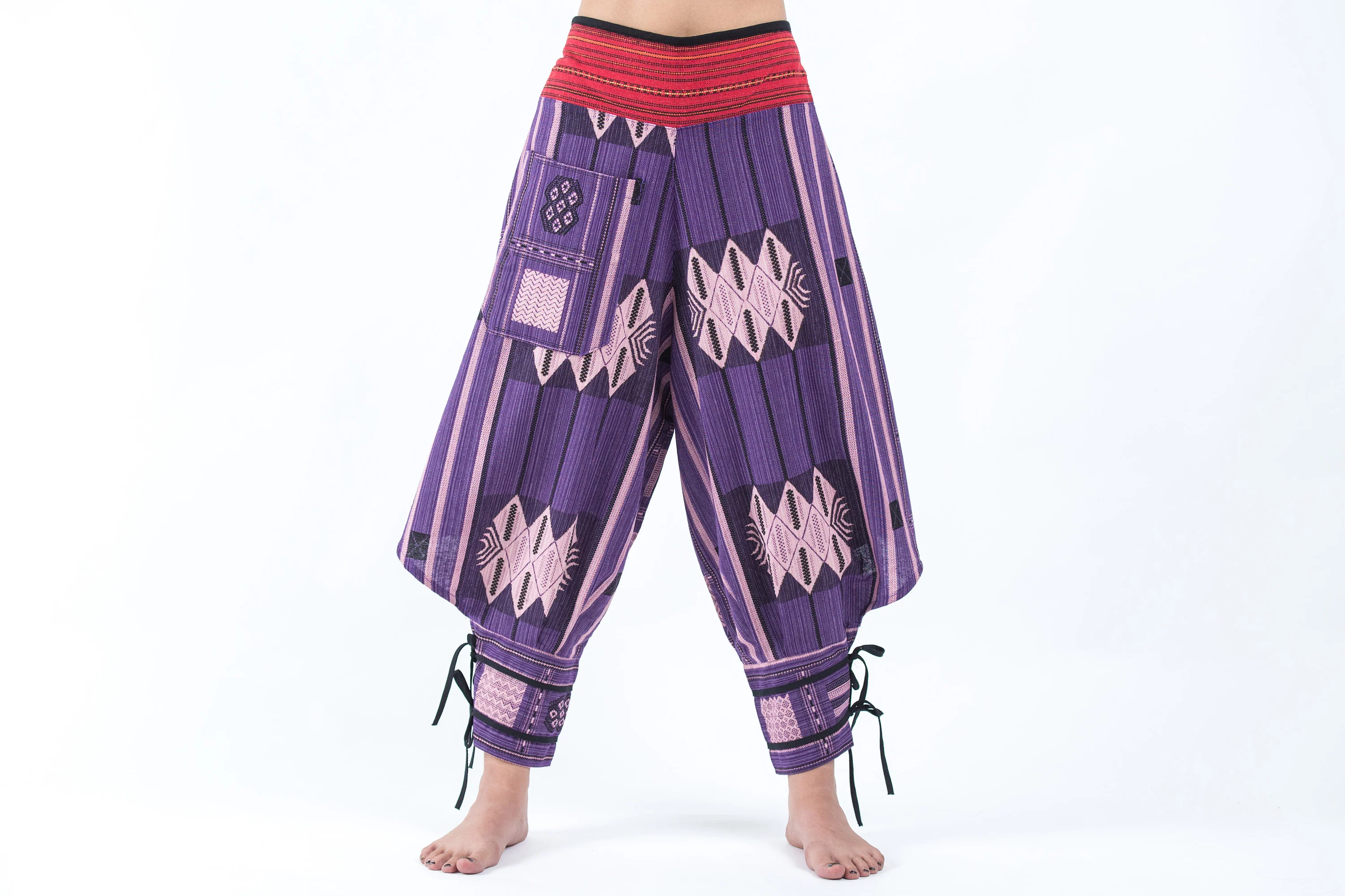 Thai Hill Tribe Fabric Women's Harem Pants with Ankle Straps in Purple - Image 2