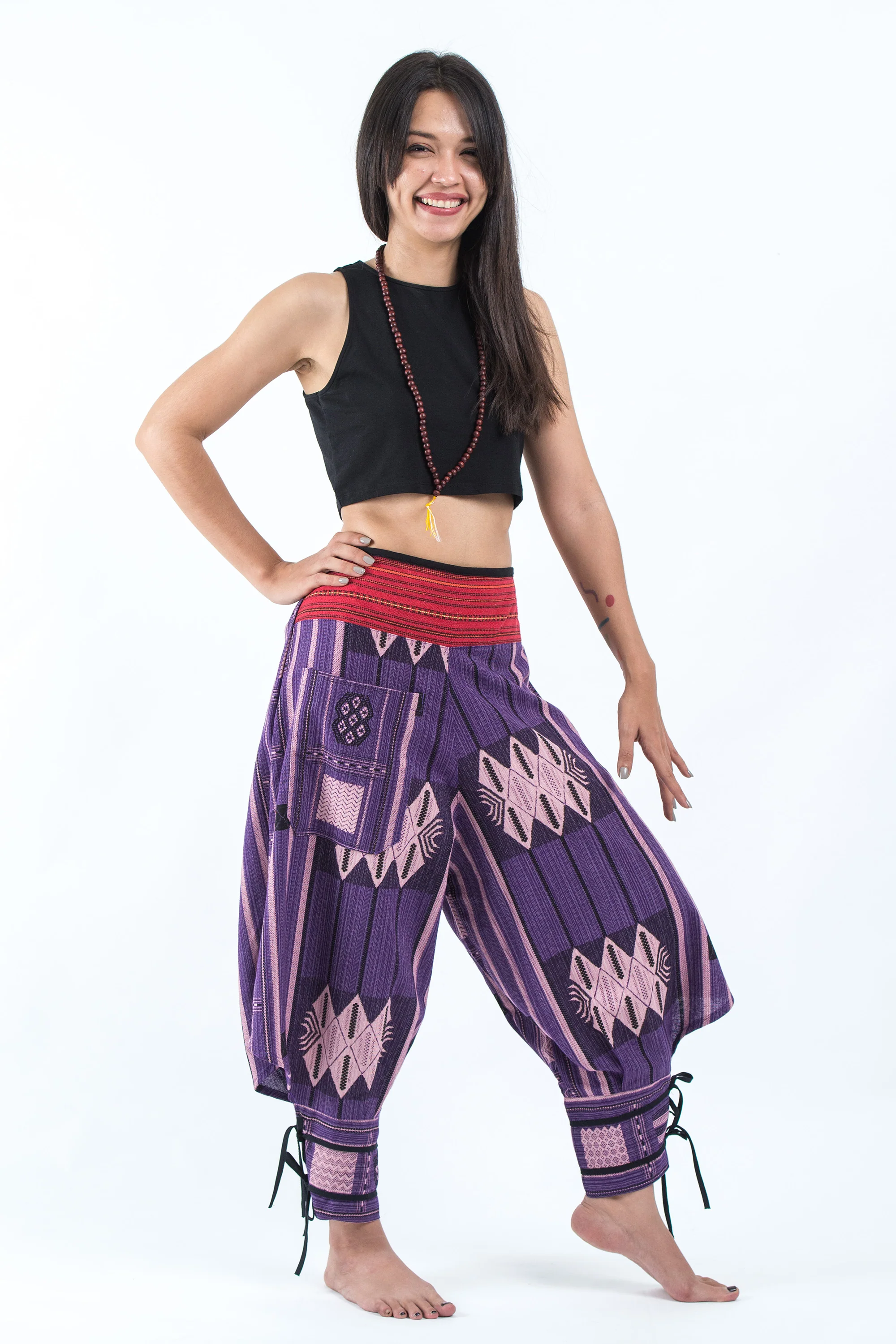 Thai Hill Tribe Fabric Women's Harem Pants with Ankle Straps in Purple - Image 3