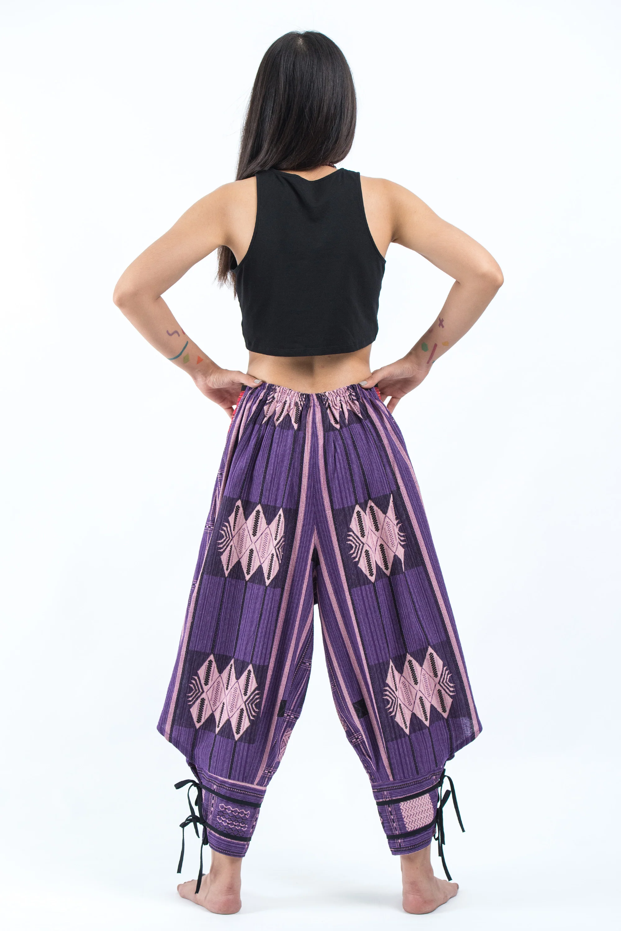 Thai Hill Tribe Fabric Women's Harem Pants with Ankle Straps in Purple - Image 4
