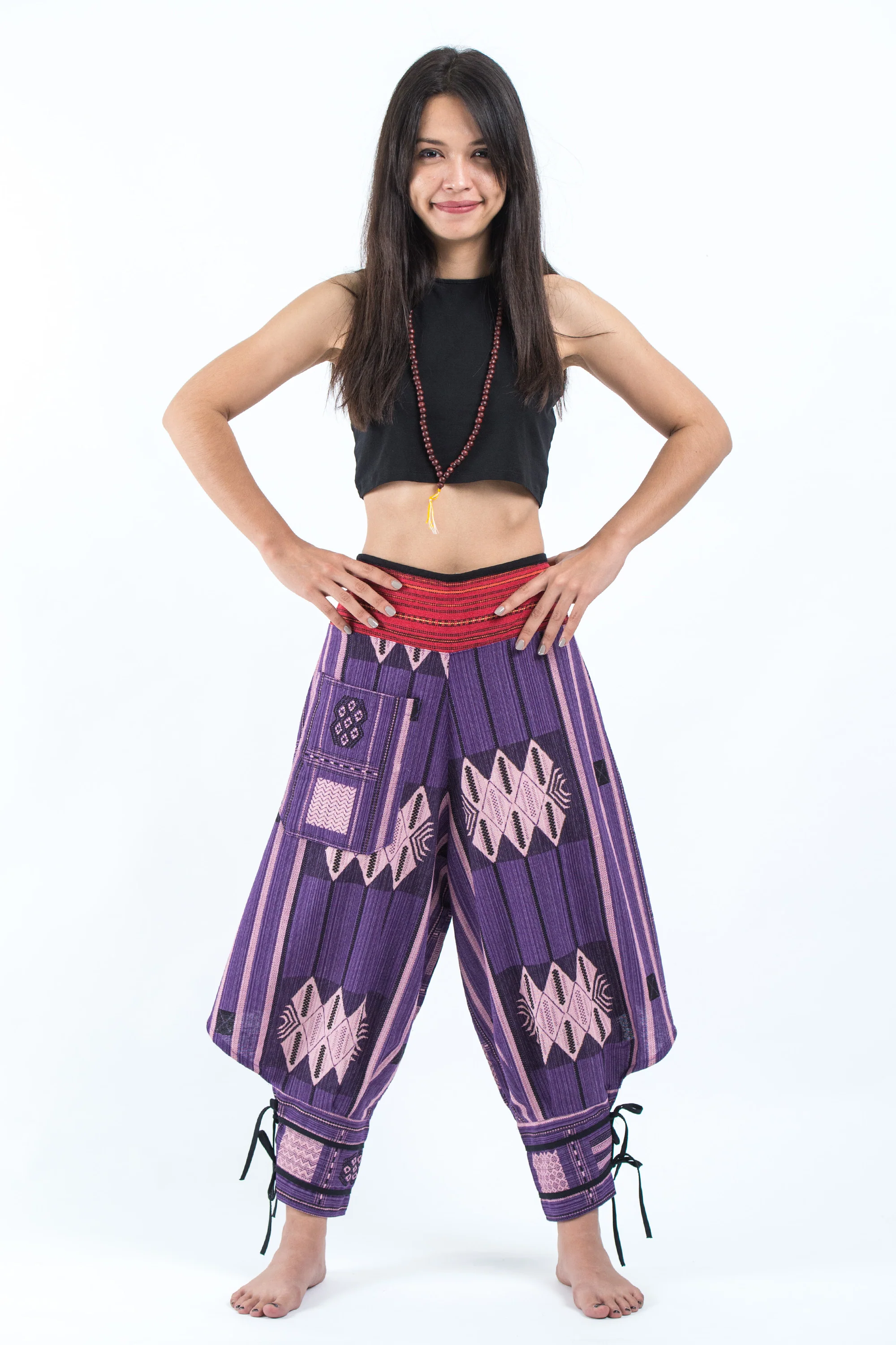 Thai Hill Tribe Fabric Women's Harem Pants with Ankle Straps in Purple - Image 5
