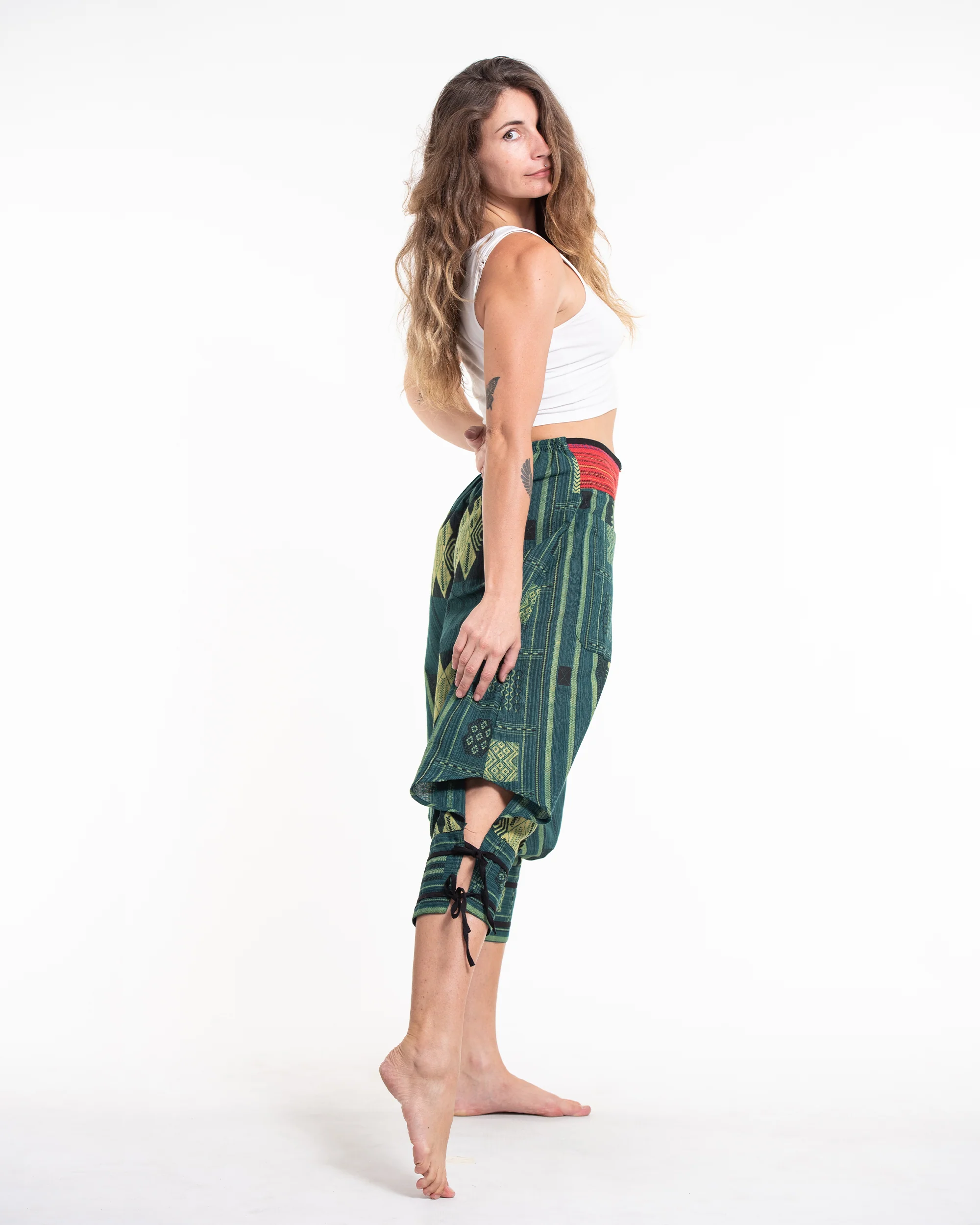 Thai Hill Tribe Fabric Women's Harem Pants with Ankle Straps in Teal - Image 3