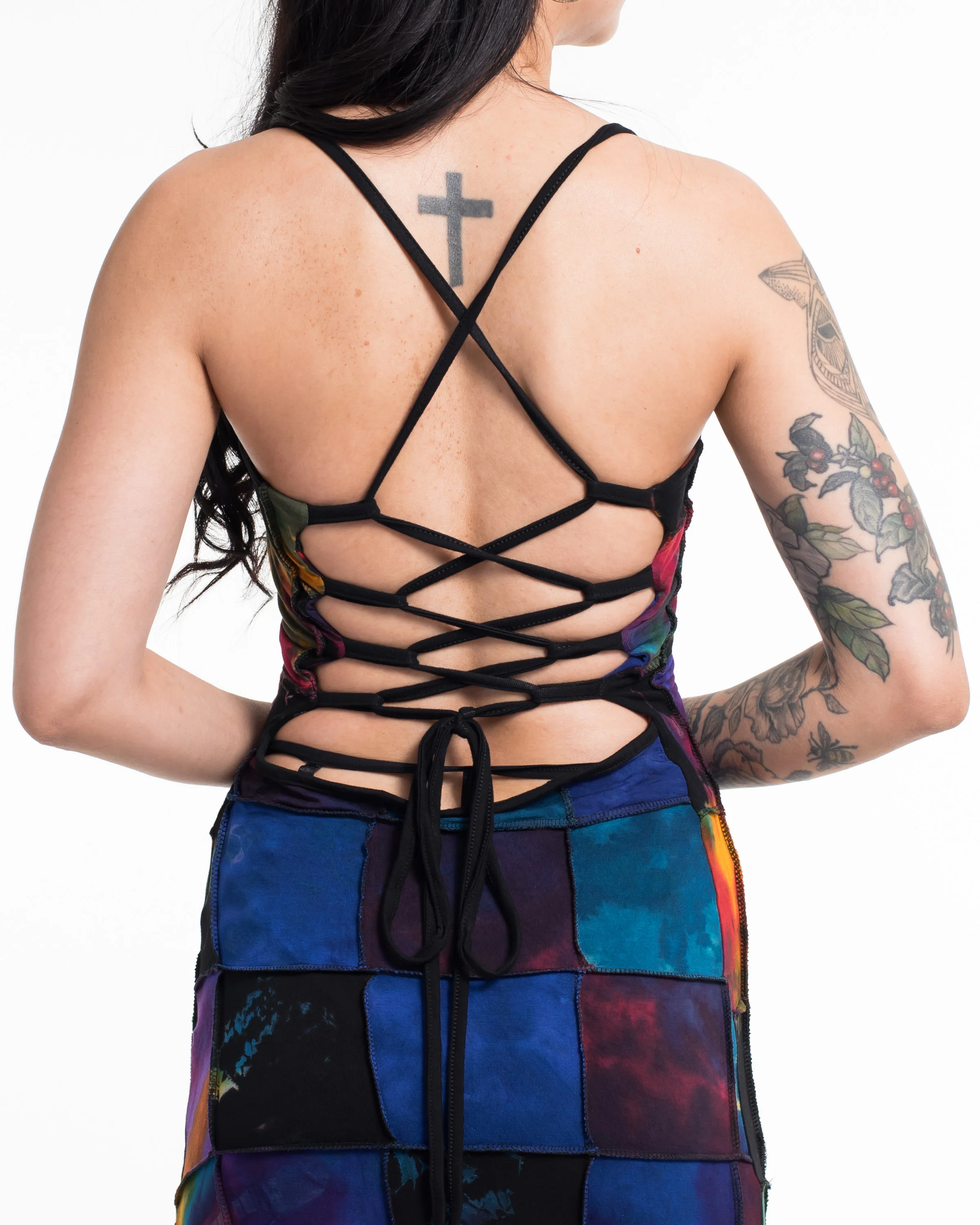 Tie Back Patchwork Tie-Dye Long Dress in Multi Black - Image 3