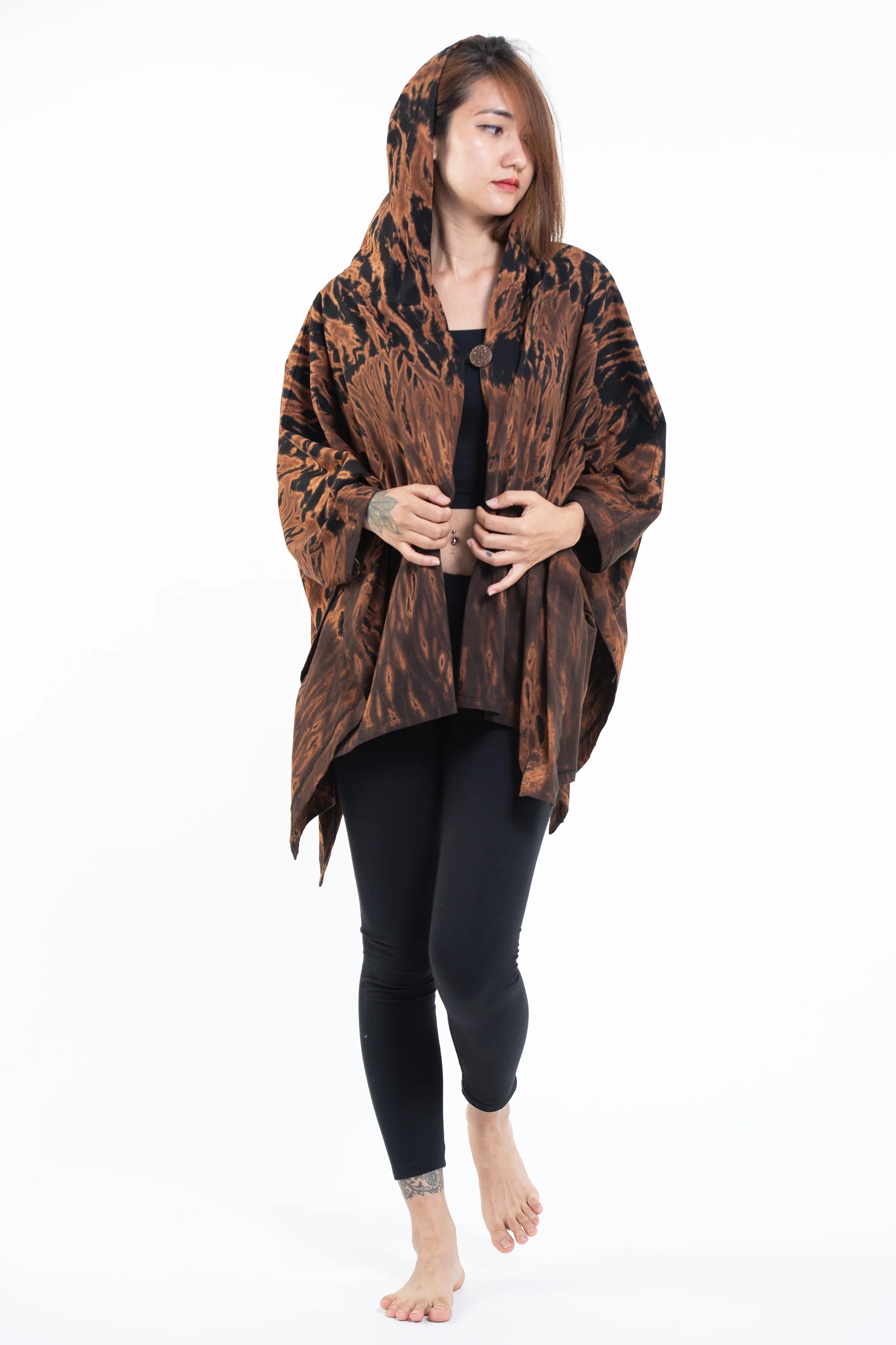 Tie Dye Cotton Hooded Poncho Jacket in Black 05 - Image 6
