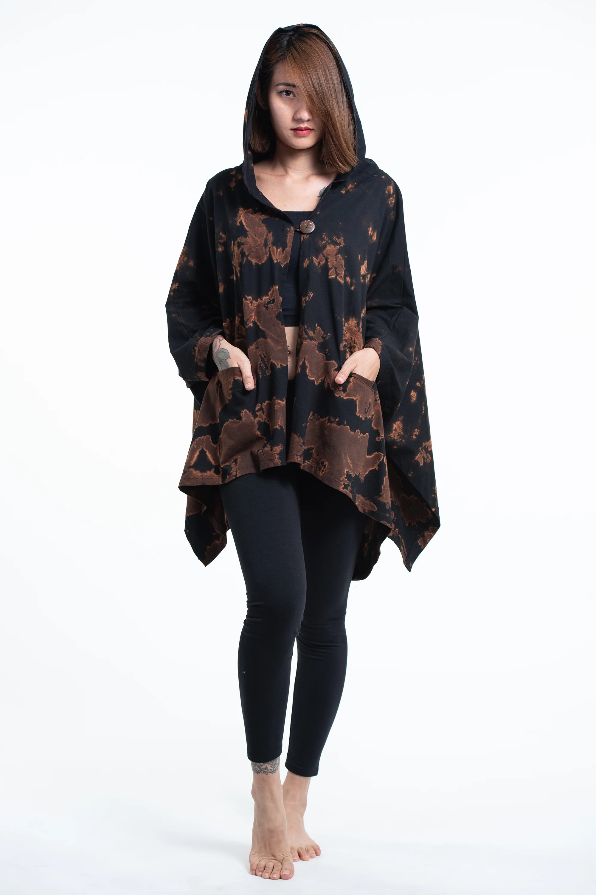 Tie Dye Cotton Hooded Poncho Jacket in Black 06 - Image 4