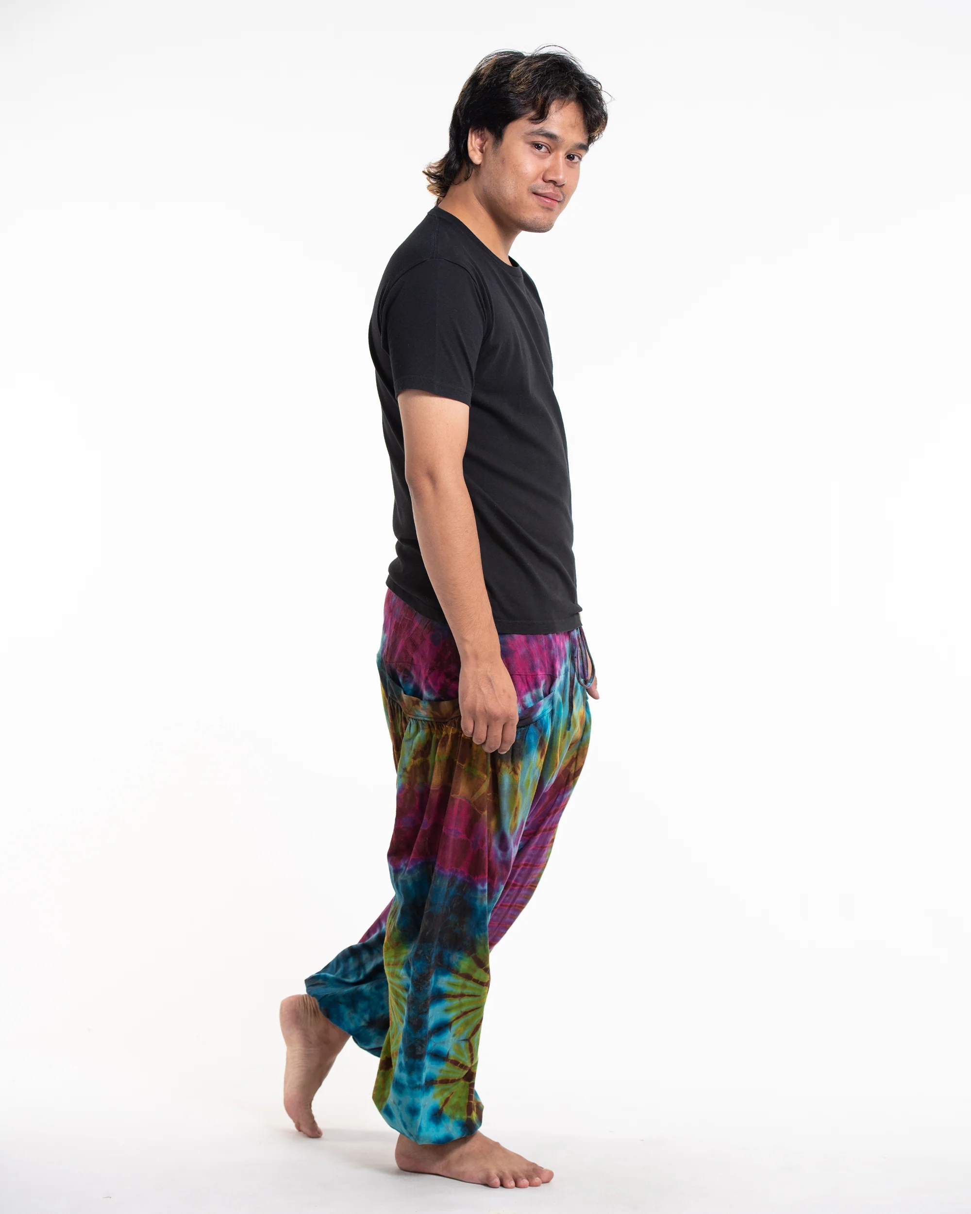 Tie Dye Cotton Men Harem Pants in Blue Yellow - Image 3