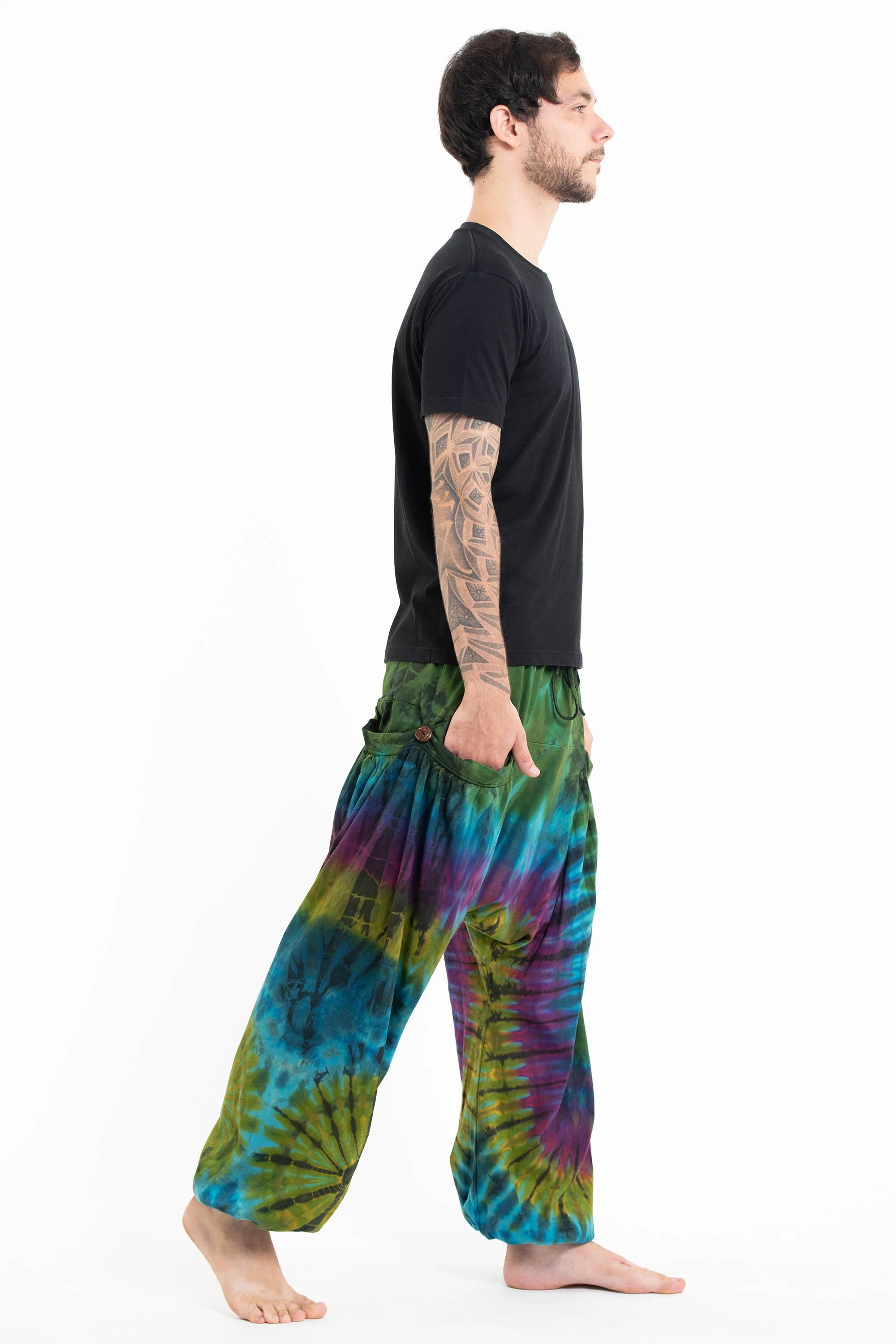 Tie Dye Cotton Men Harem Pants in Green Blue - Image 3