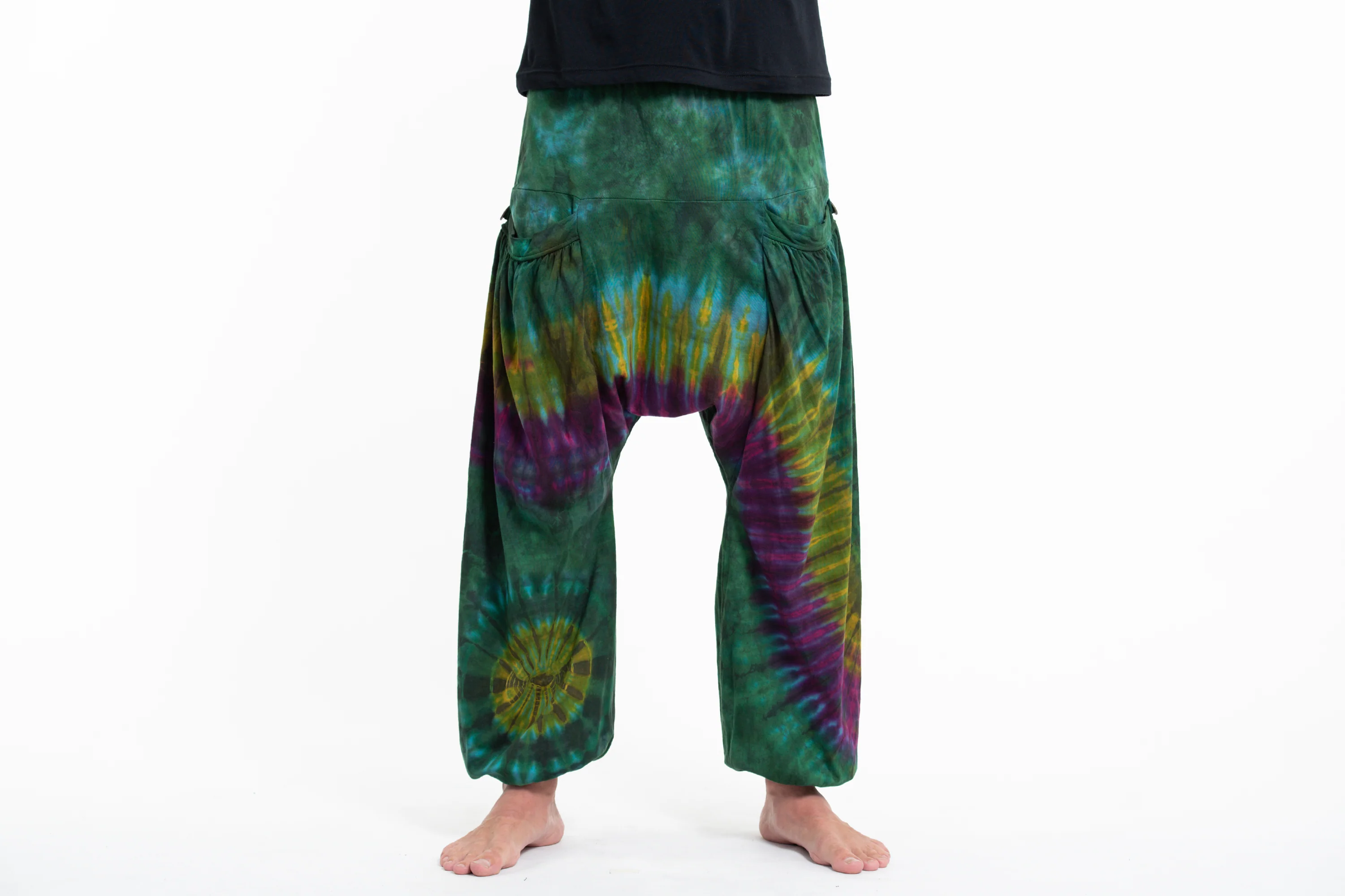 Tie Dye Cotton Men Harem Pants in Green Yellow - Image 2