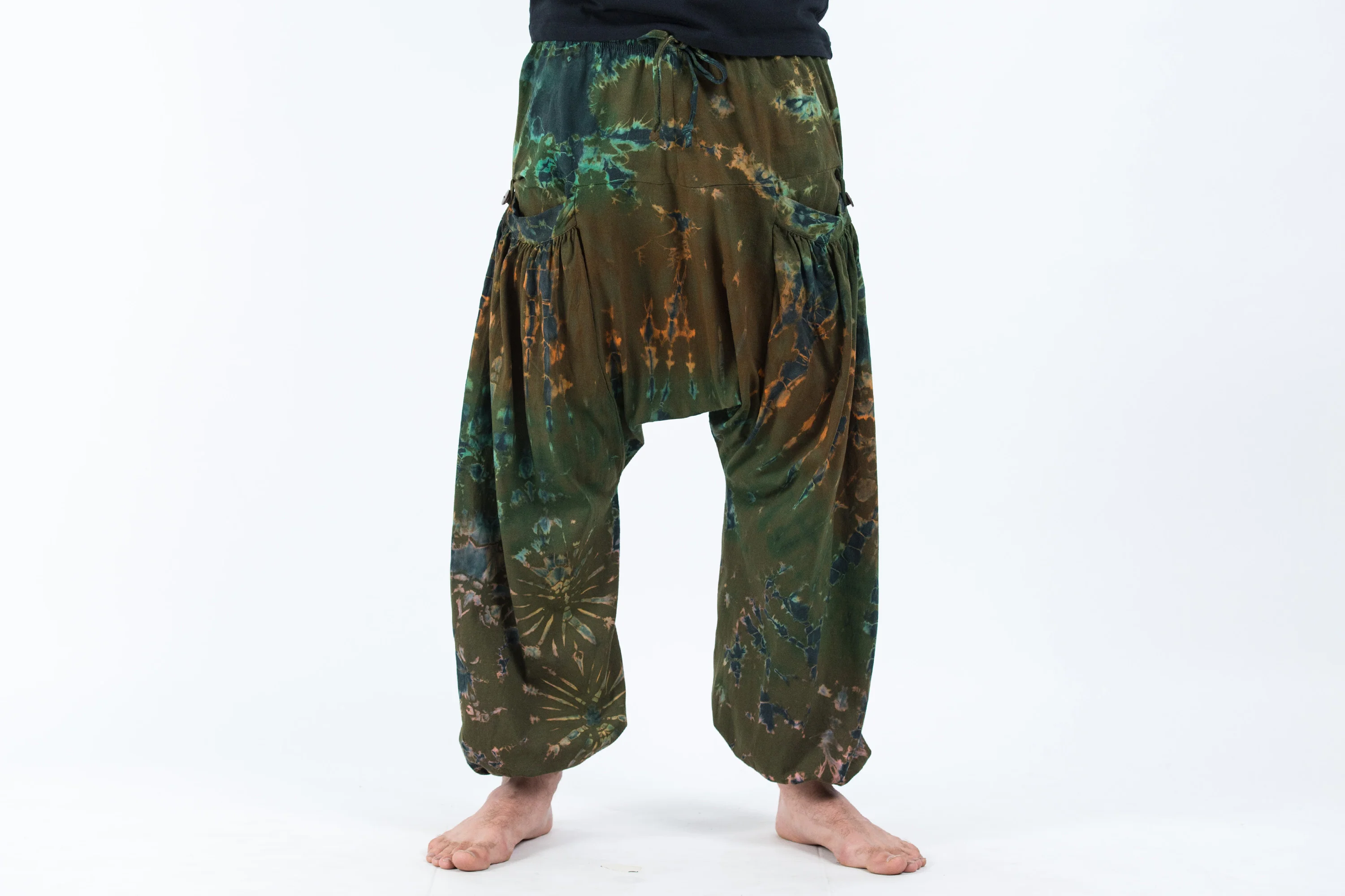 Tie Dye Cotton Men Harem Pants in Olive - Image 2