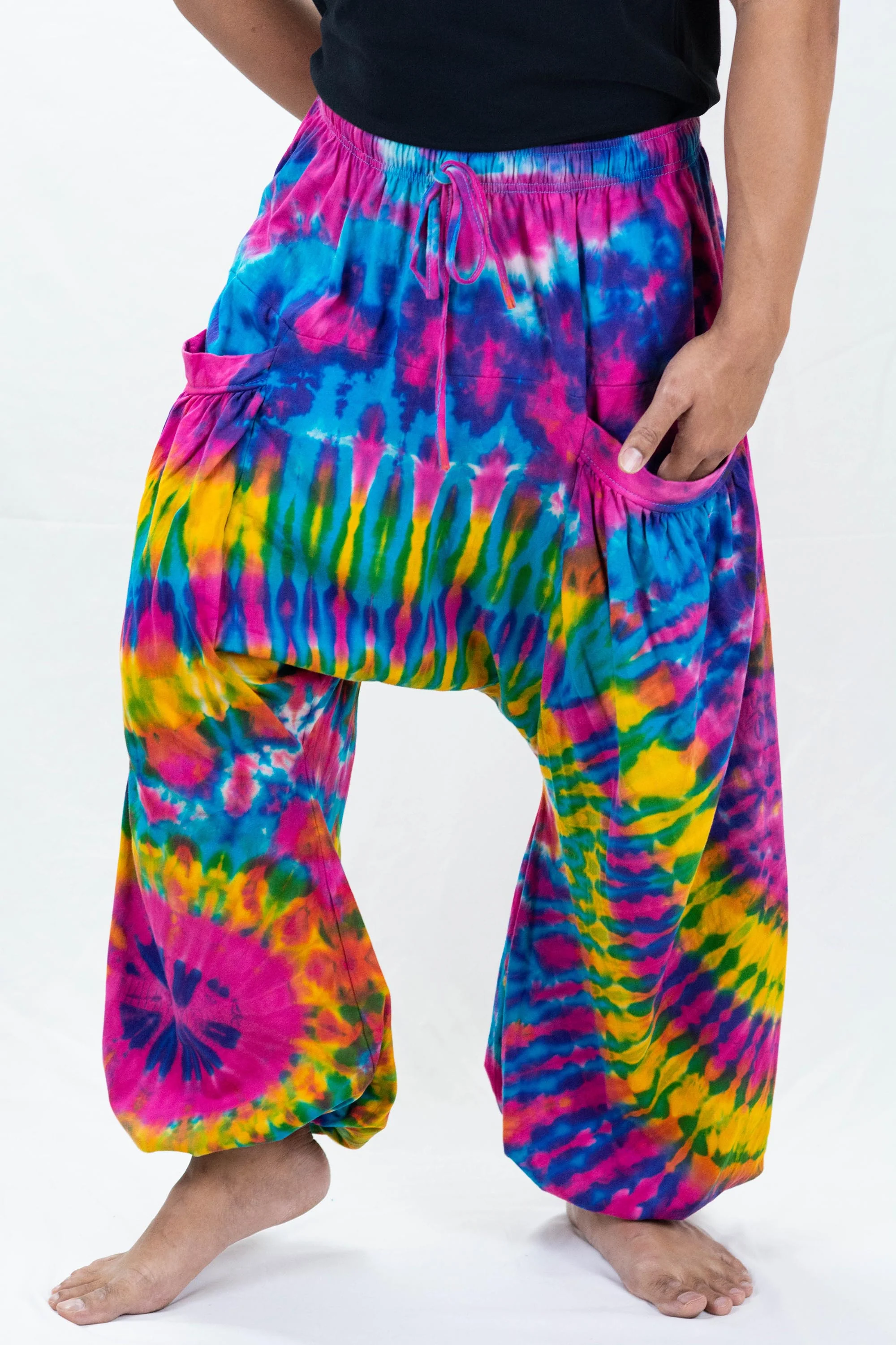Tie Dye Cotton Men Harem Pants in Pink Turquoise