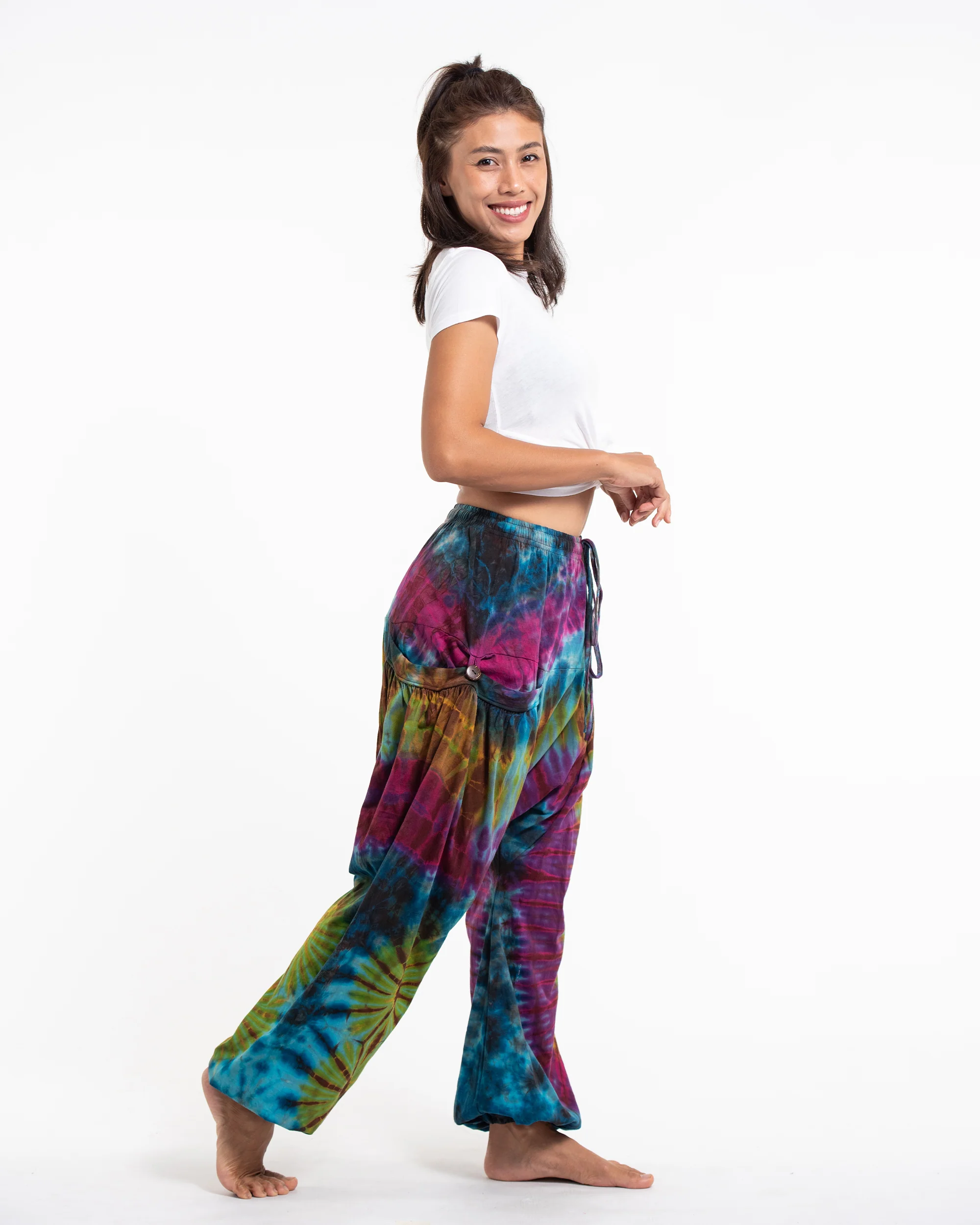 Tie Dye Cotton Women Harem Pants in Blue Yellow - Image 3