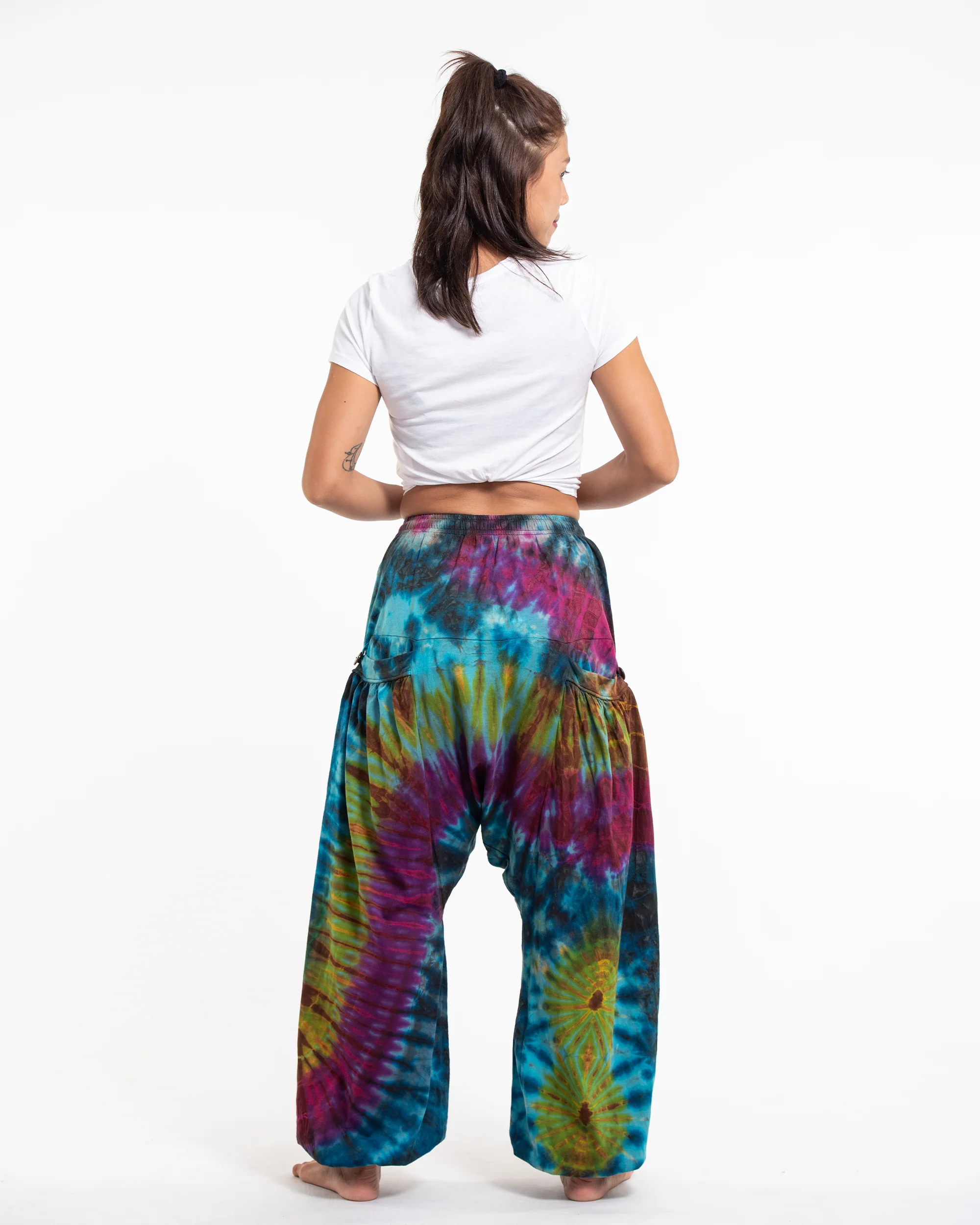 Tie Dye Cotton Women Harem Pants in Blue Yellow - Image 4