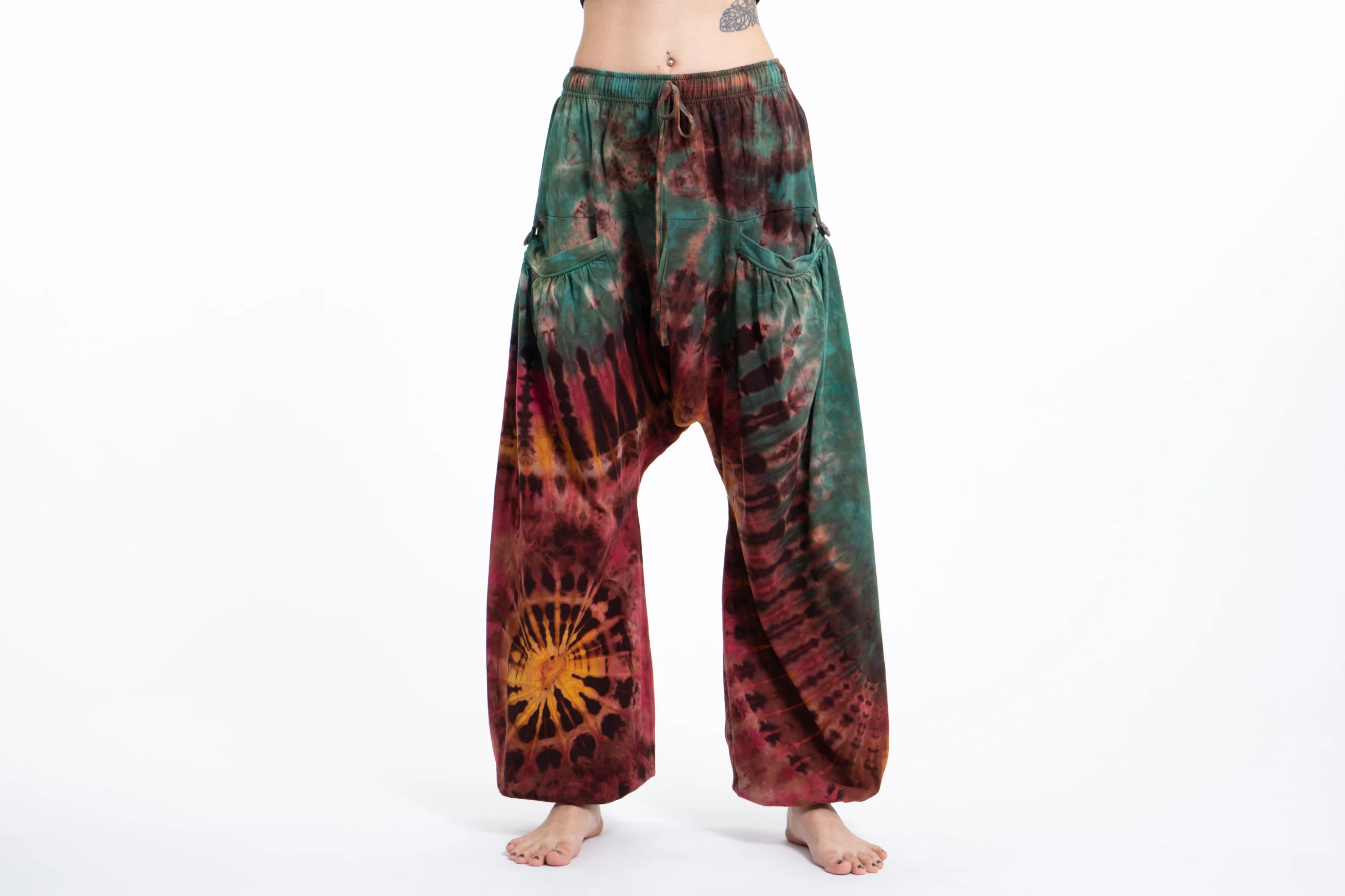 Tie Dye Cotton Women Harem Pants in Brick Green - Image 2