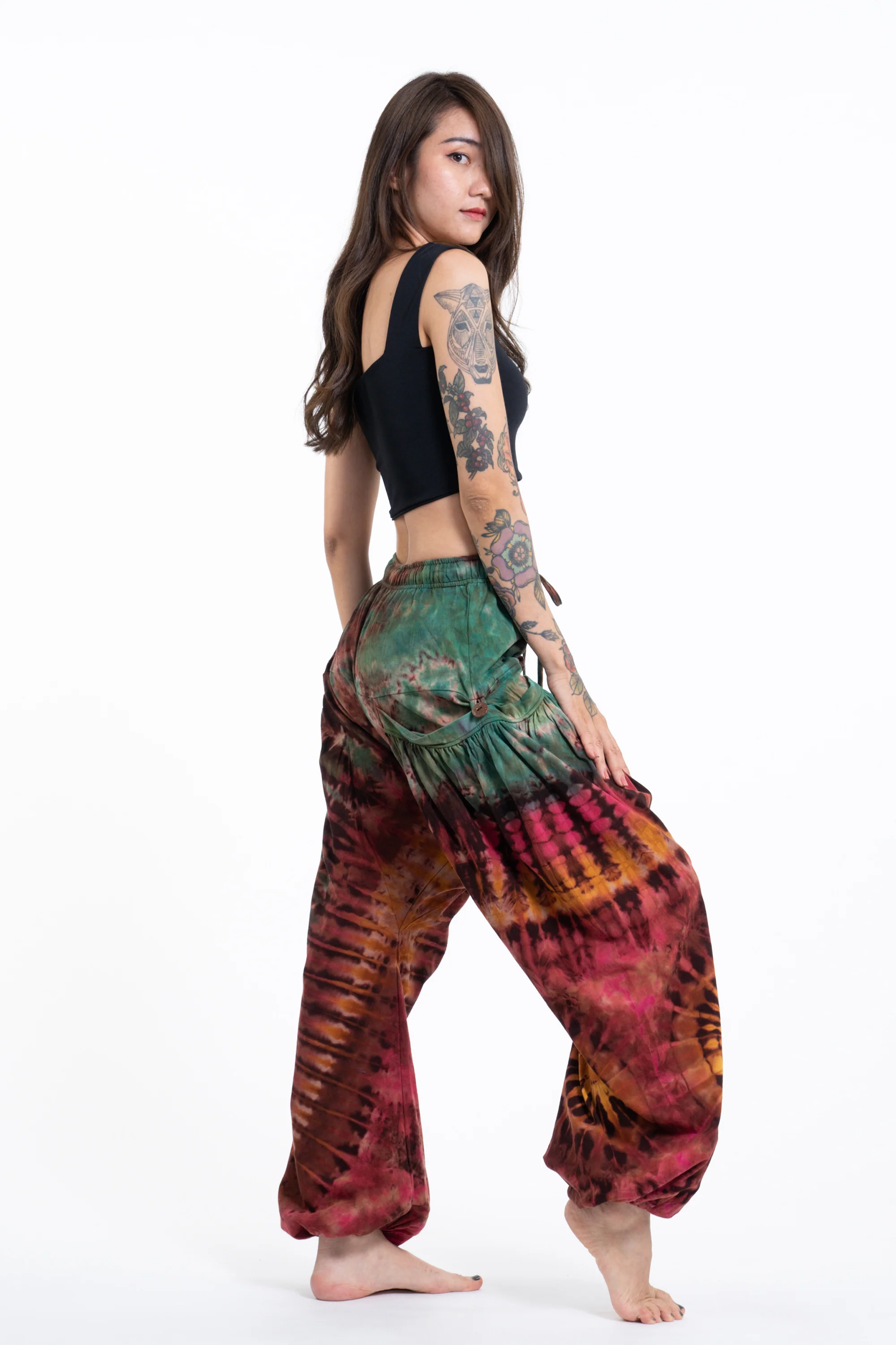 Tie Dye Cotton Women Harem Pants in Brick Green - Image 3