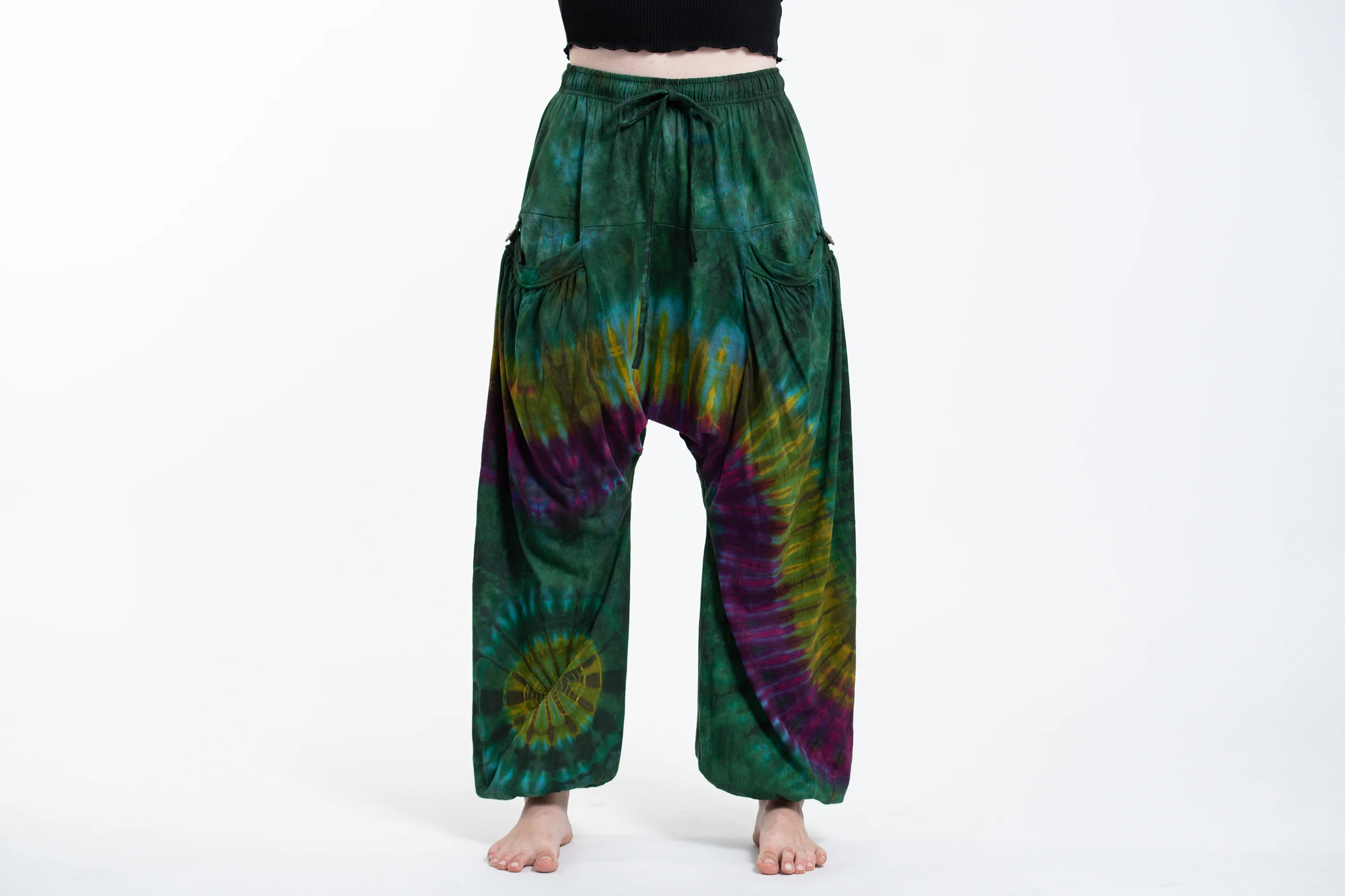 Tie Dye Cotton Women Harem Pants in Green Yellow - Image 2
