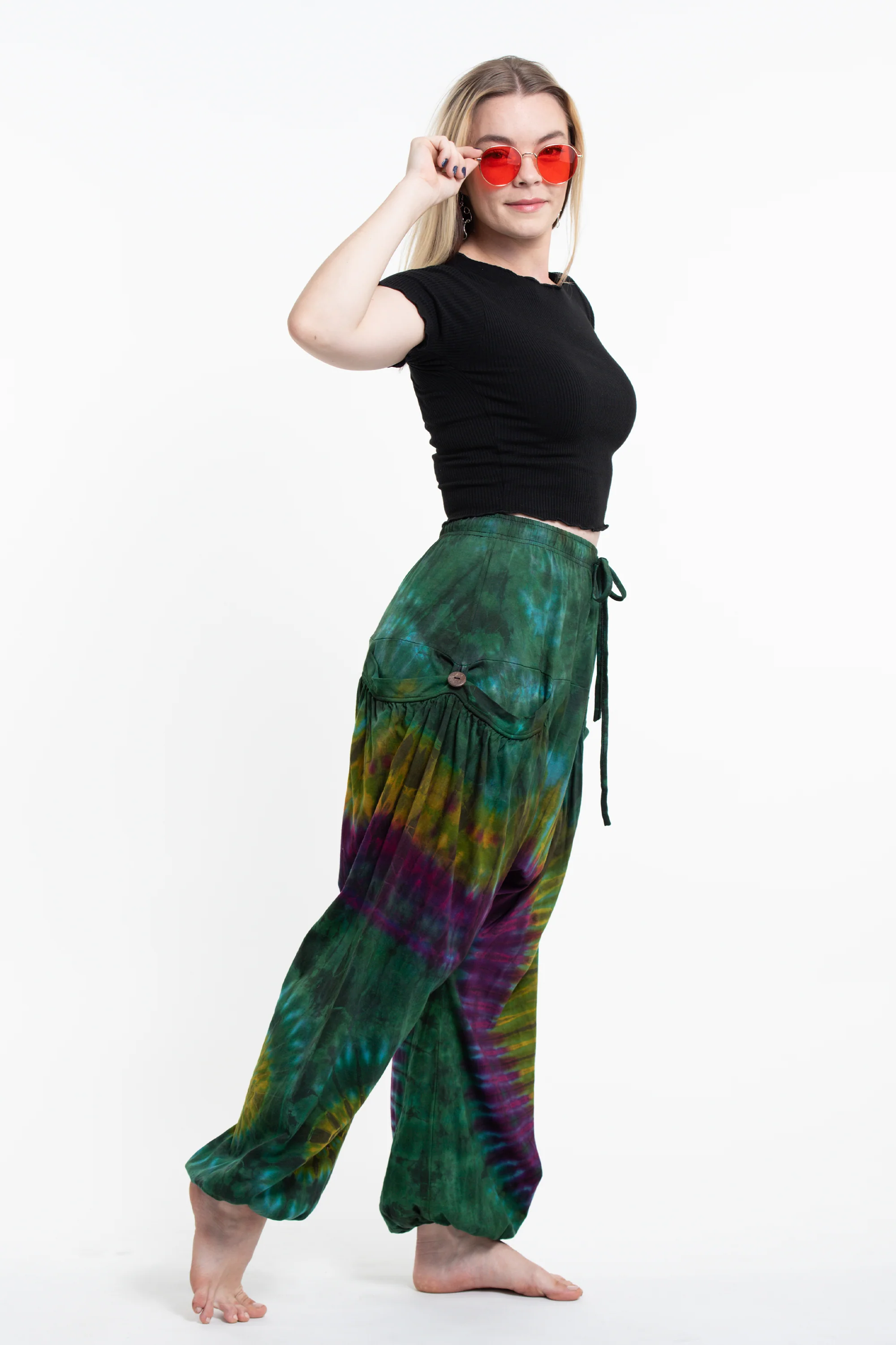 Tie Dye Cotton Women Harem Pants in Green Yellow - Image 3