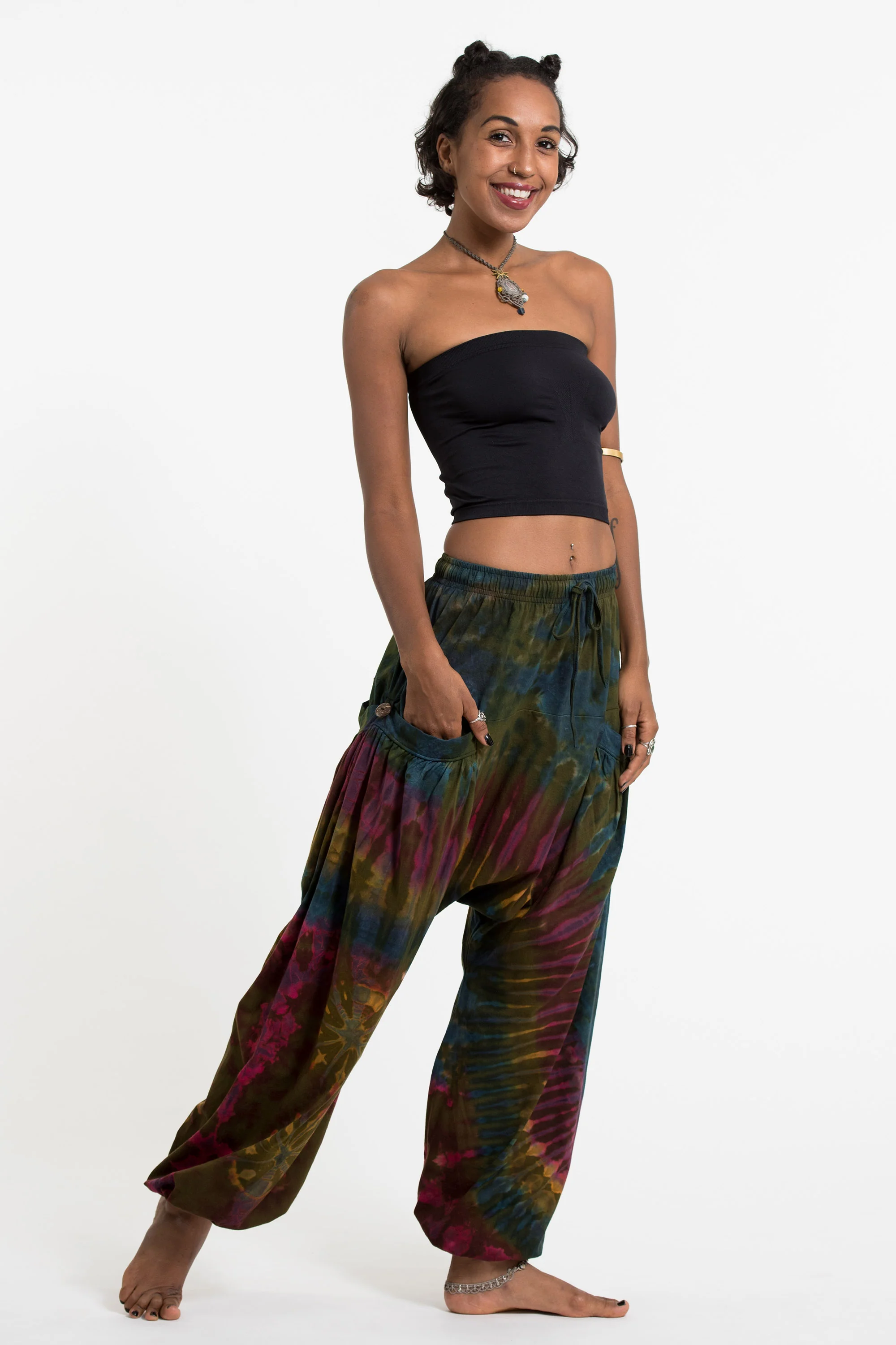 Tie Dye Cotton Women Harem Pants in Olive Blue - Image 3