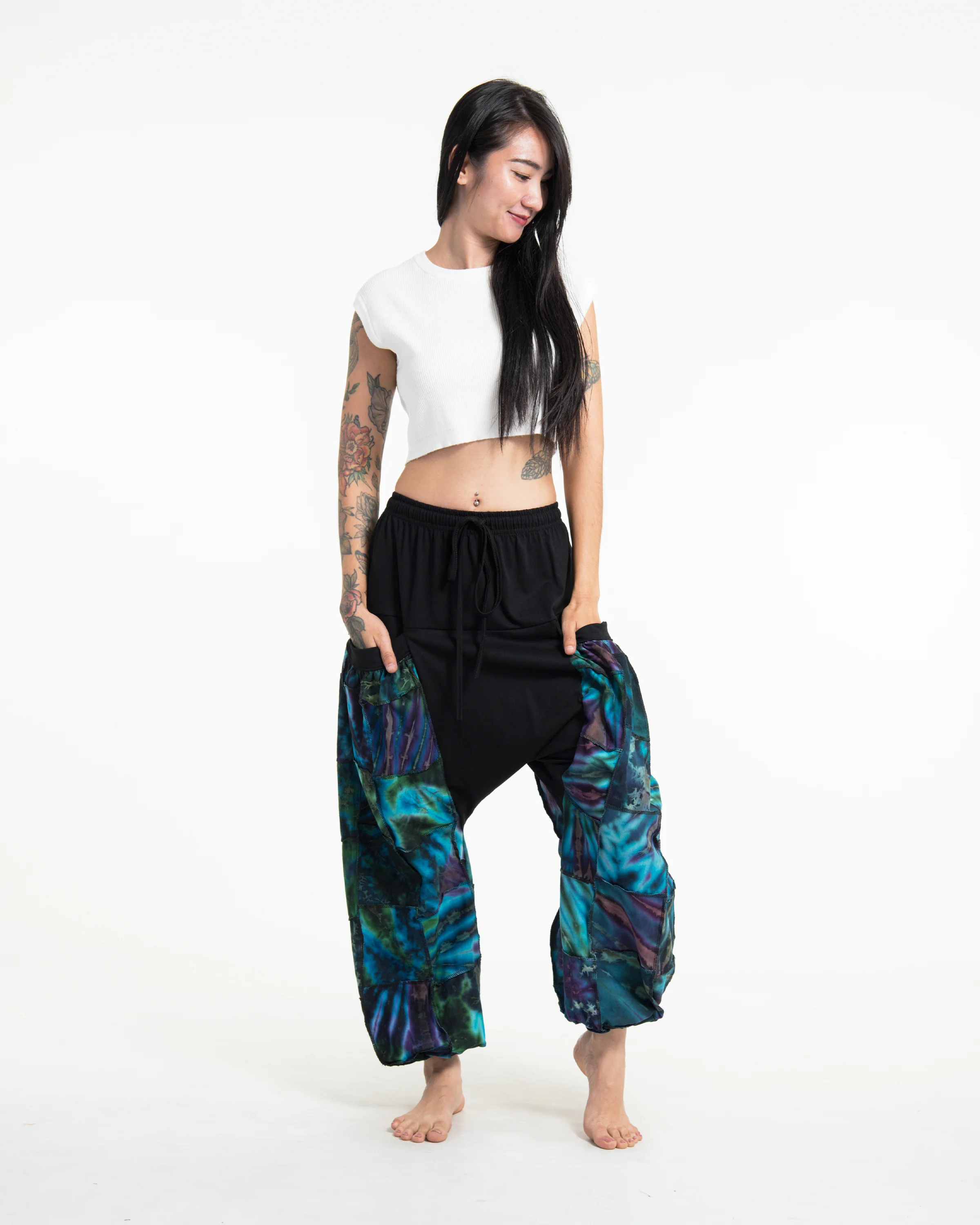 Tie Dye Cotton Women Harem Pants in Patchwork Black