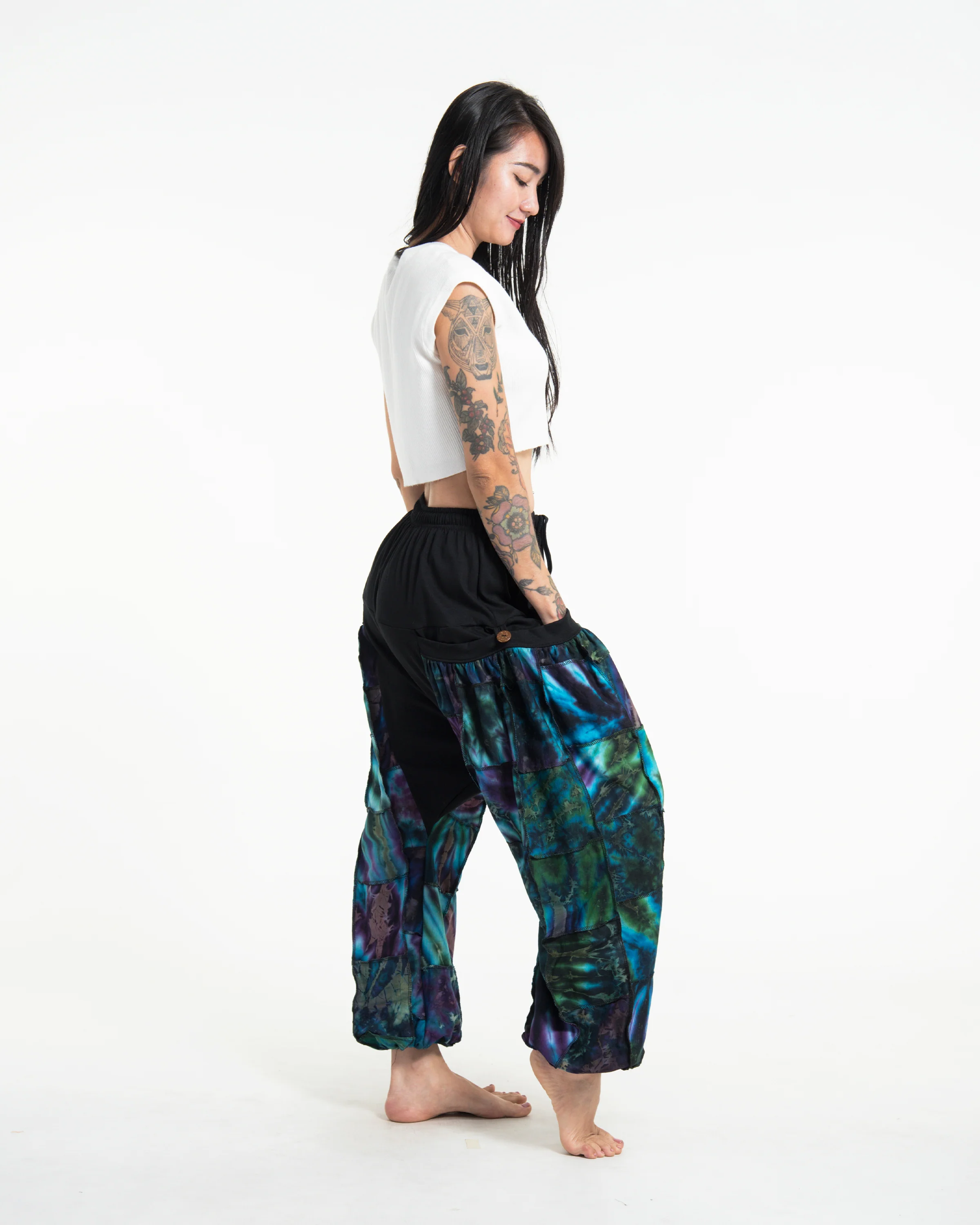 Tie Dye Cotton Women Harem Pants in Patchwork Black - Image 3