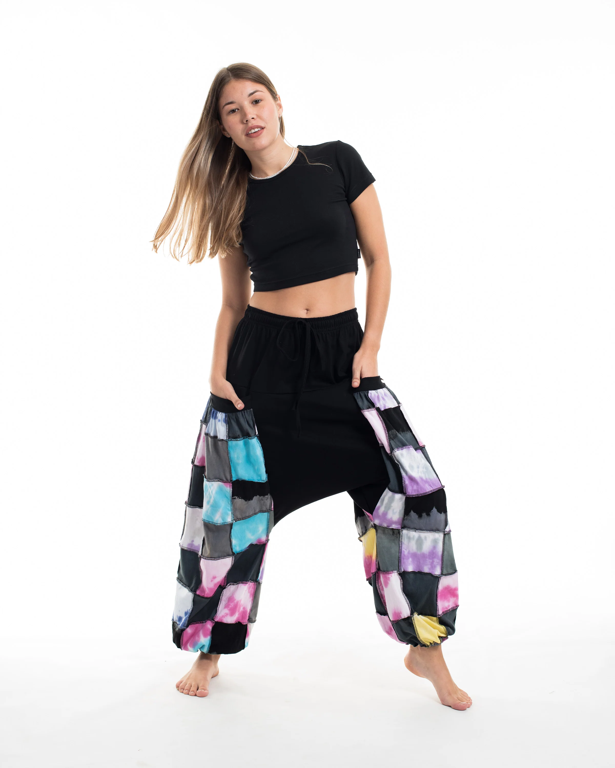 Tie Dye Cotton Women Harem Pants in Patchwork Black Candy