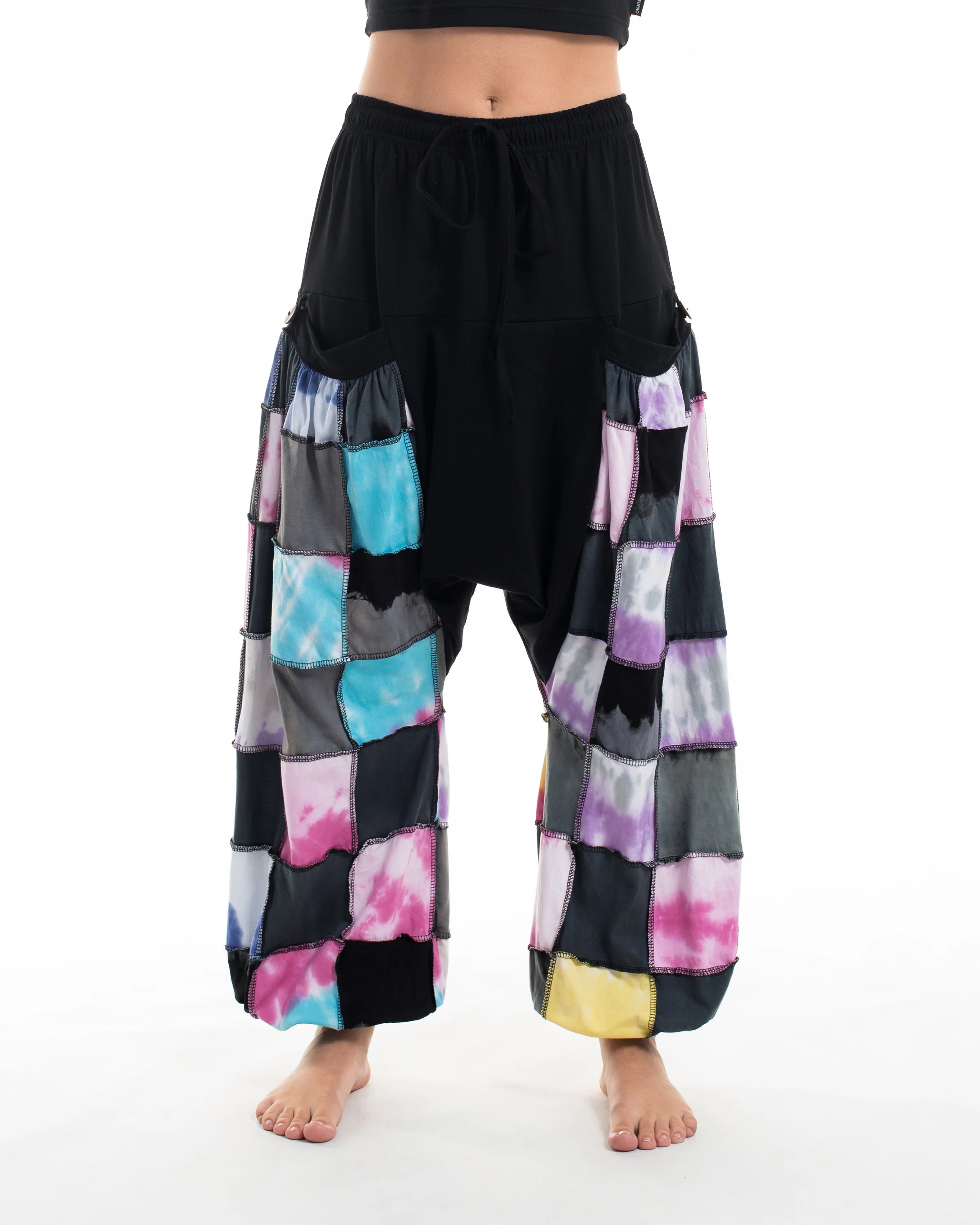 Tie Dye Cotton Women Harem Pants in Patchwork Black Candy - Image 2