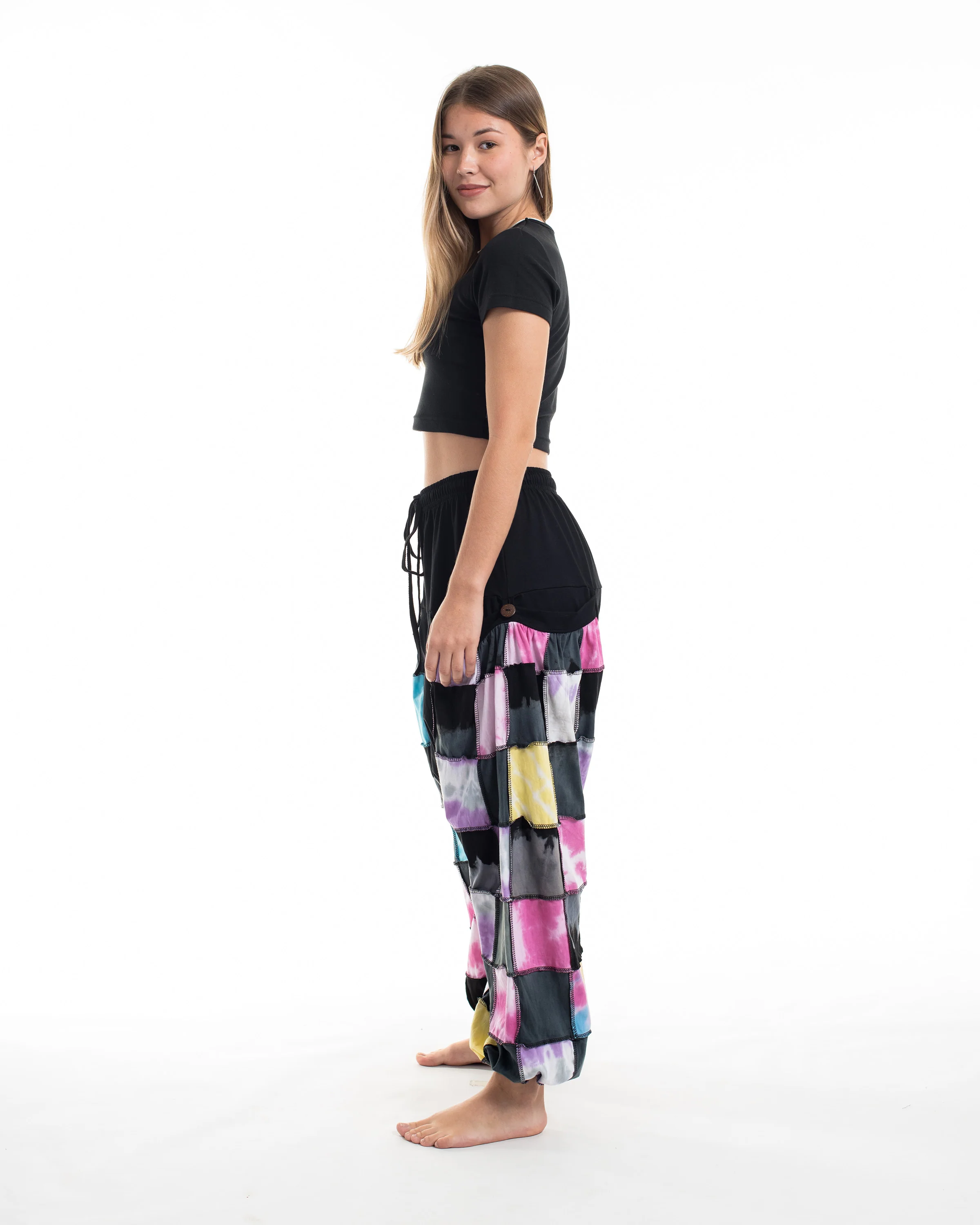Tie Dye Cotton Women Harem Pants in Patchwork Black Candy - Image 3