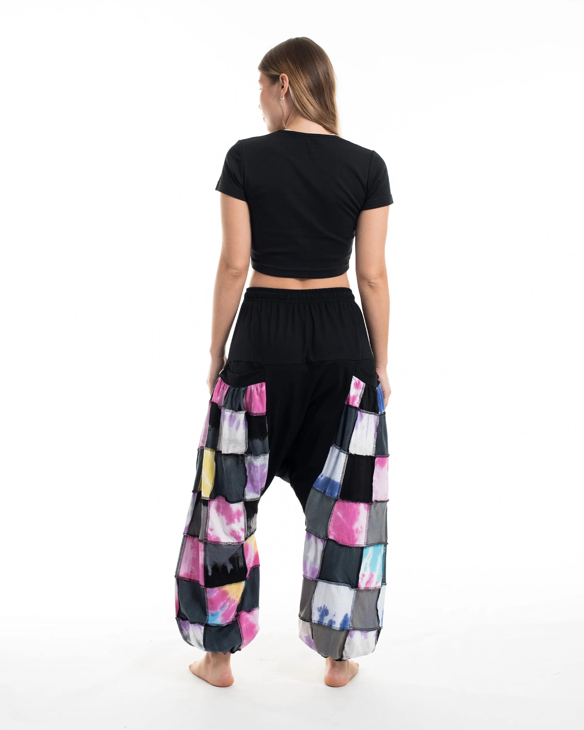 Tie Dye Cotton Women Harem Pants in Patchwork Black Candy - Image 4